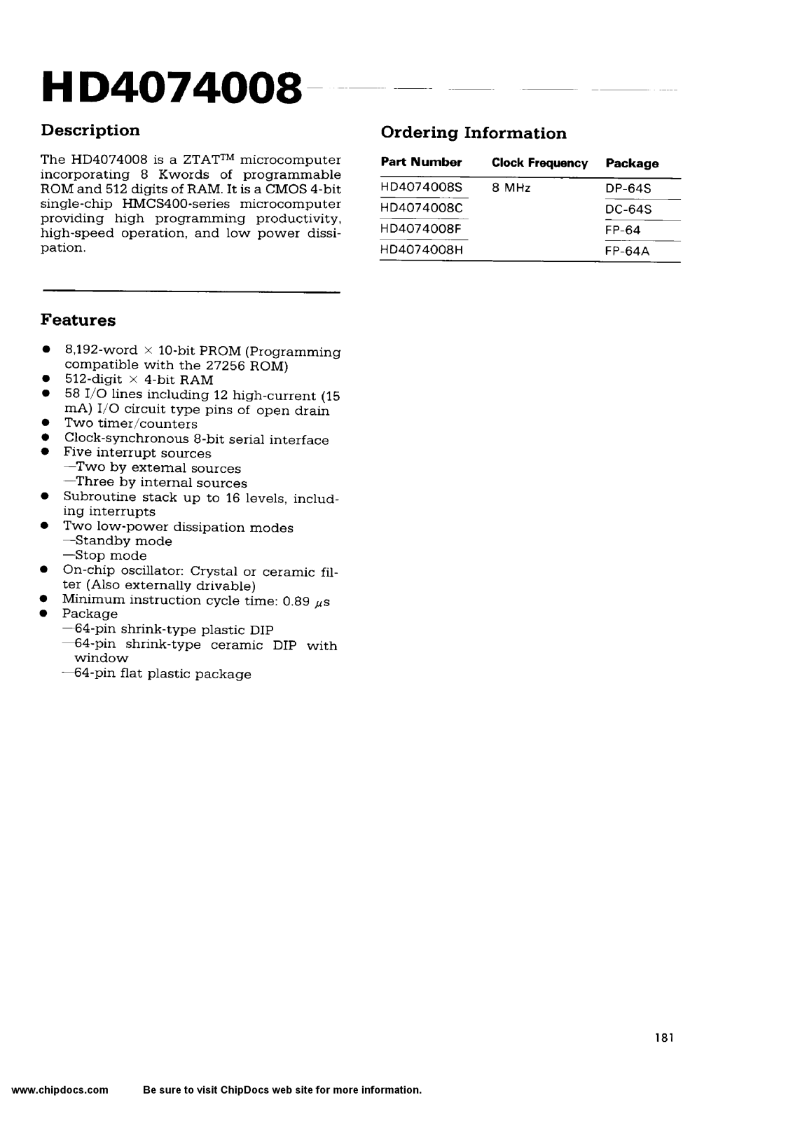 HIT HD4074008S, HD4074008H, HD4074008F, HD4074008C Datasheet