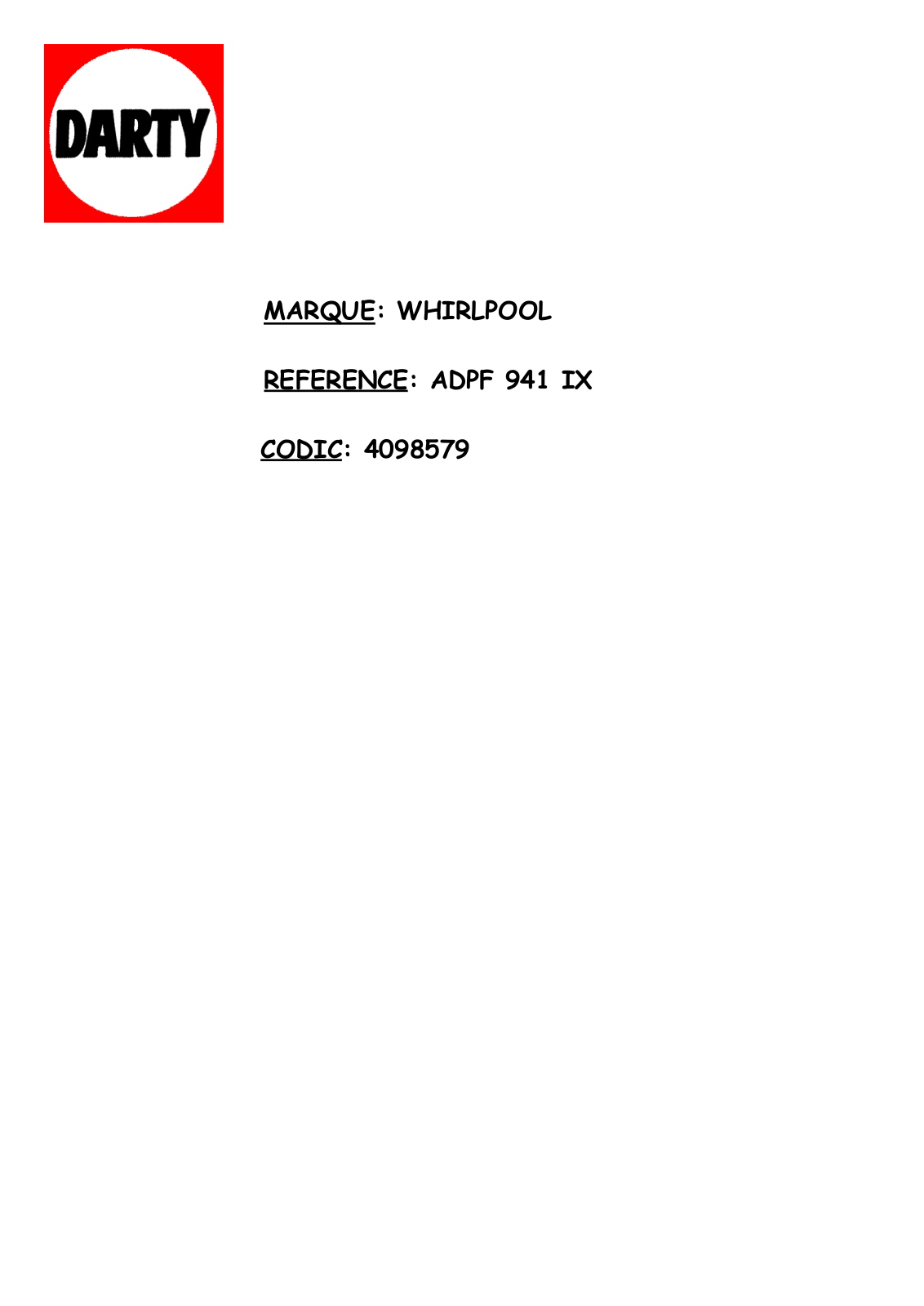 WHIRLPOOL ADPF941IX User Manual