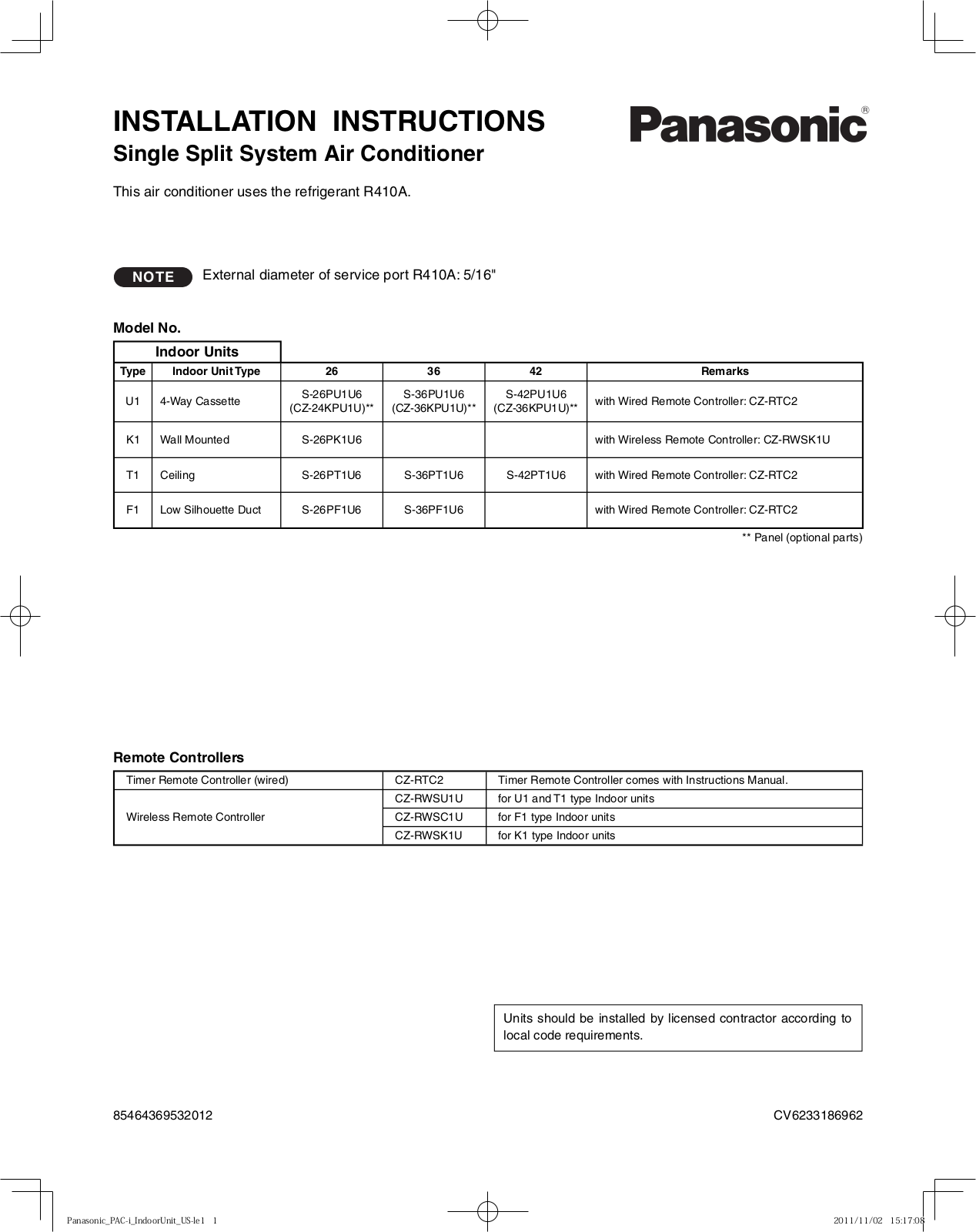 Panasonic S-26PU1U6, S-36PU1U6, S-42PU1U6, S-26PK1U6, S-26PT1U6 installation