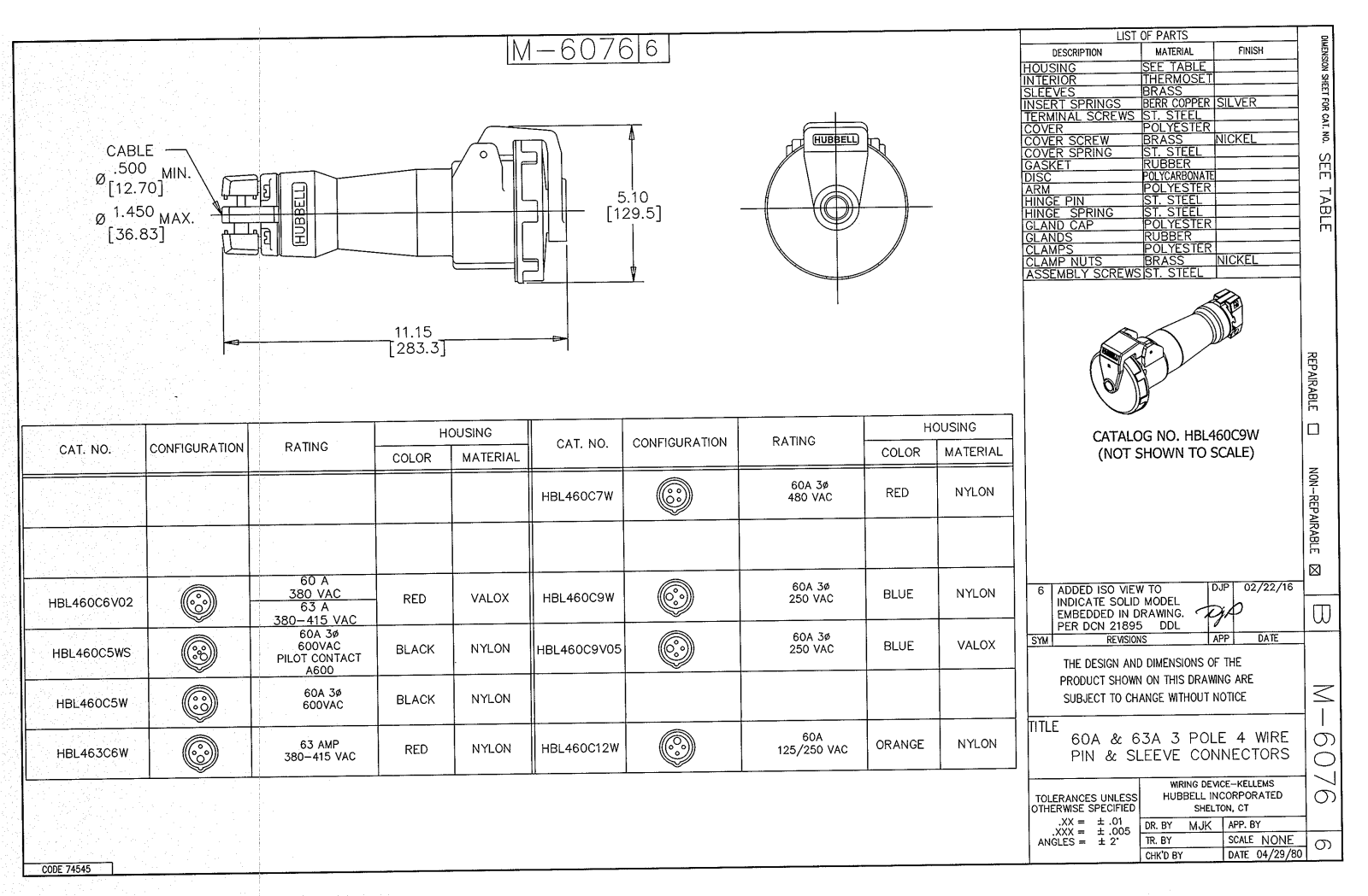 Hubbell HBL460C9W Reference Drawing