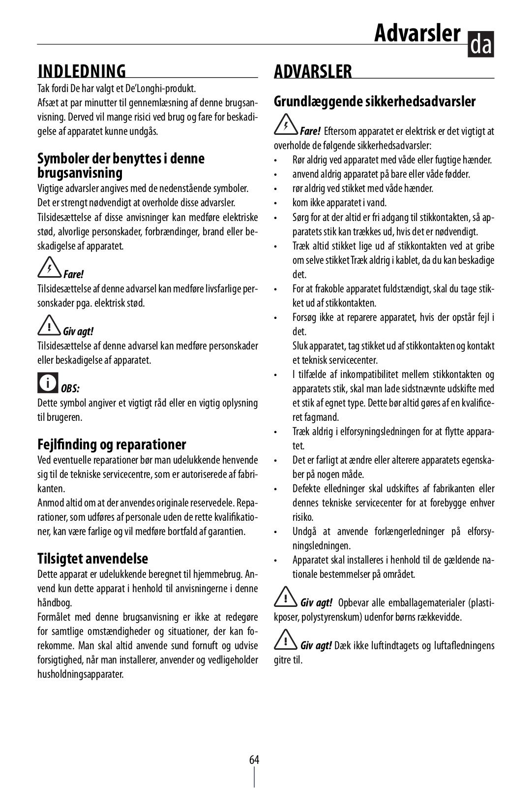 Delonghi AC100 Instruction manuals