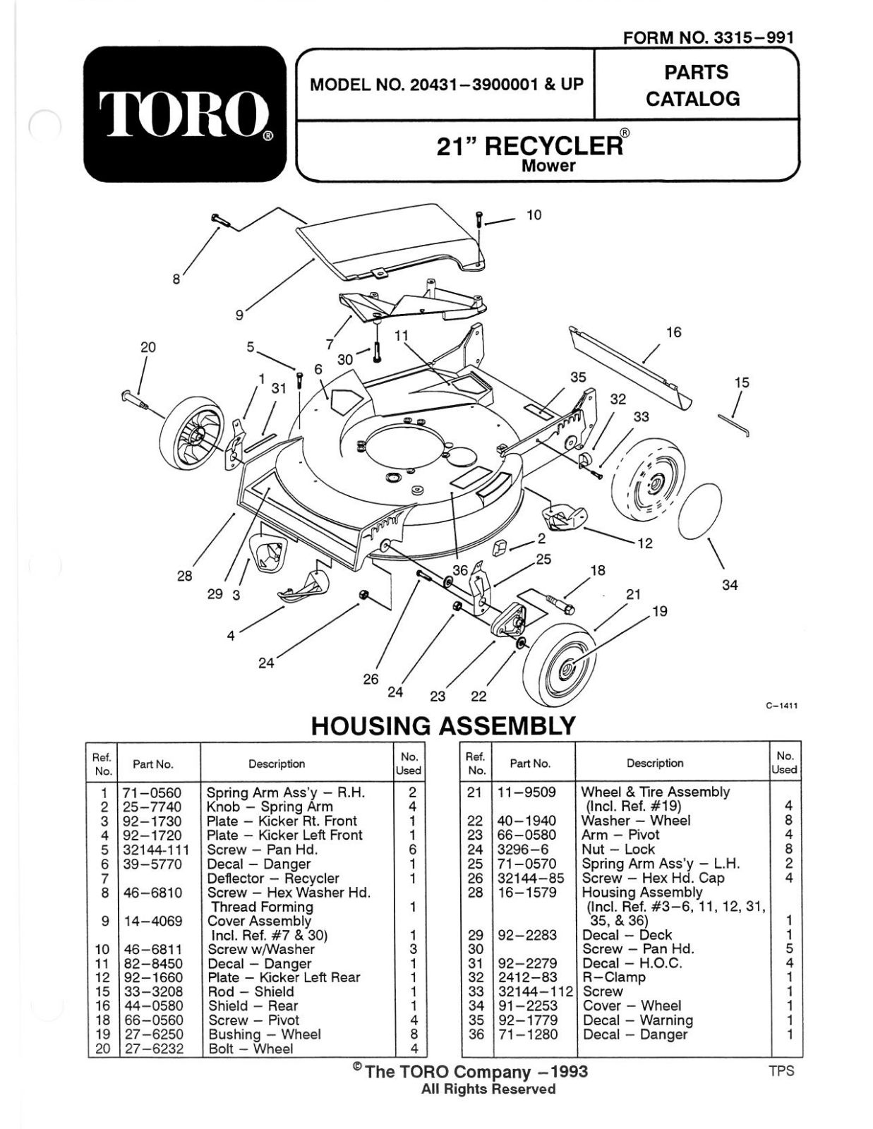 Toro 20431 Parts Catalogue