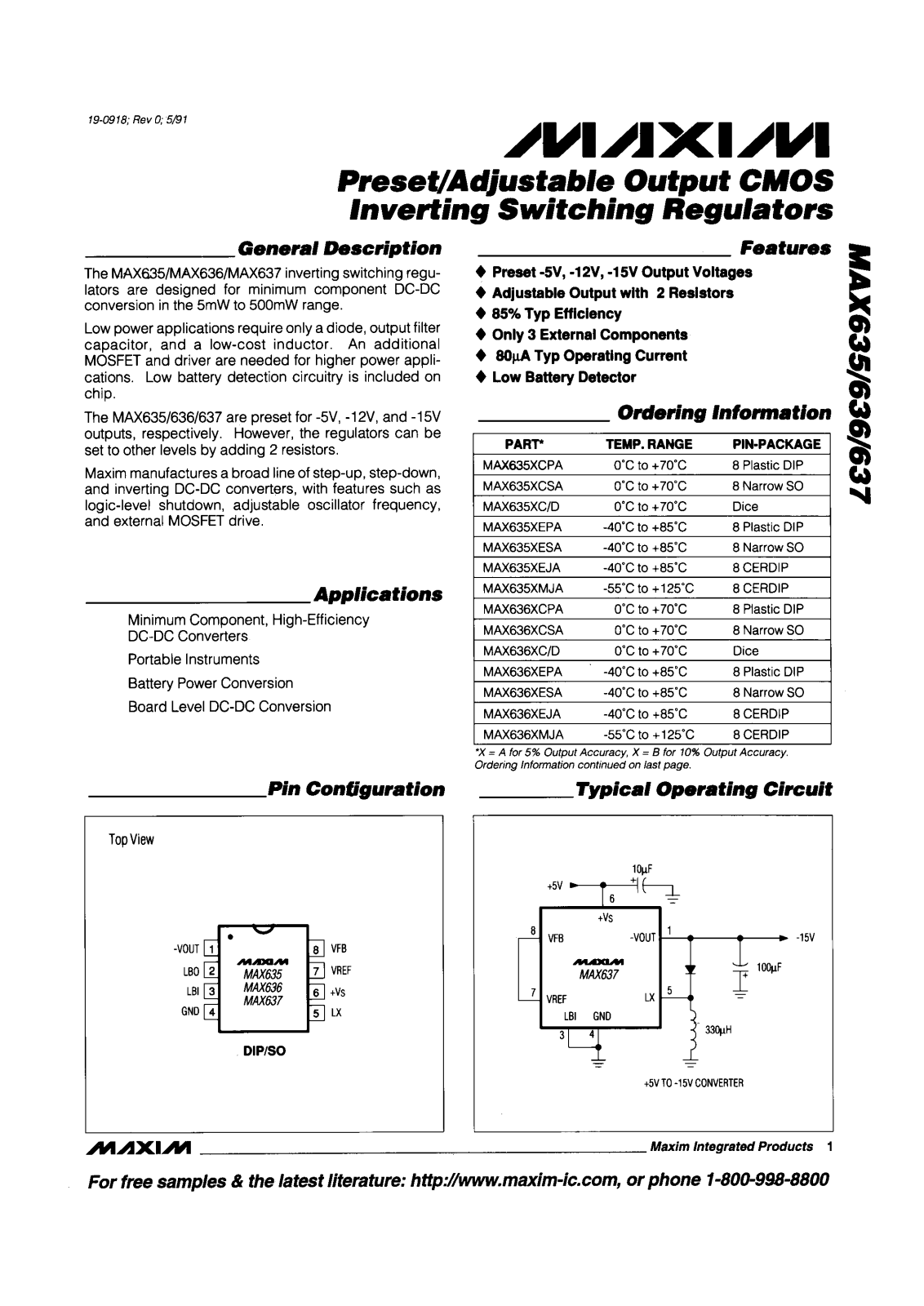 Maxim MAX637BEJA, MAX637BEPA, MAX637BESA, MAX637BCJA, MAX637BCPA Datasheet