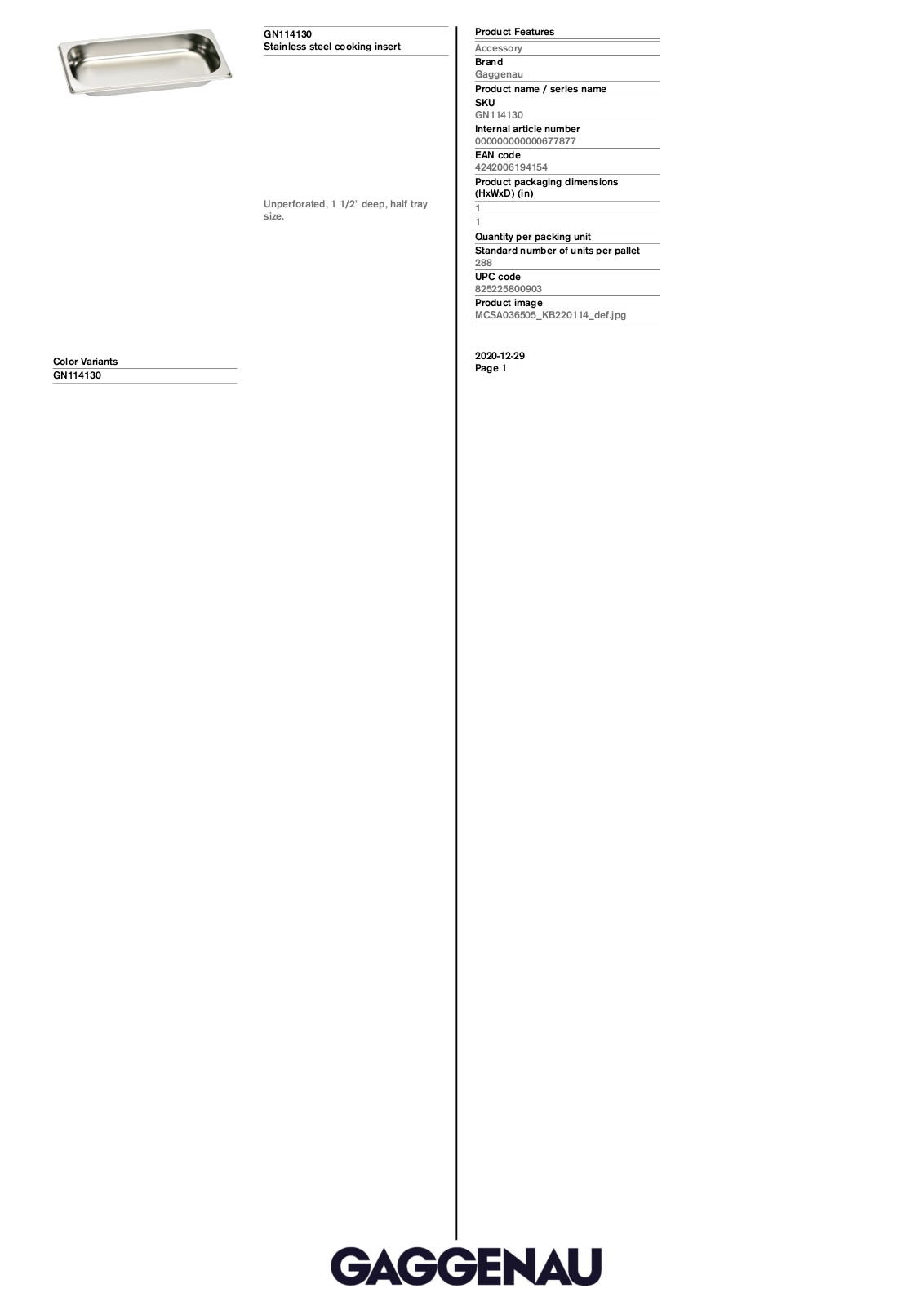 Gaggenau GN114130 Specification Sheet