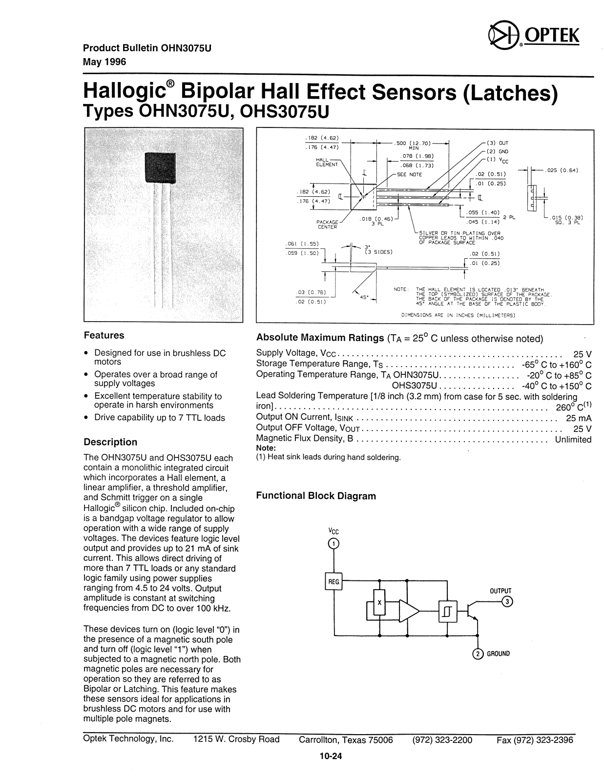 OPTEK OHS3075U, OHN3075U Datasheet