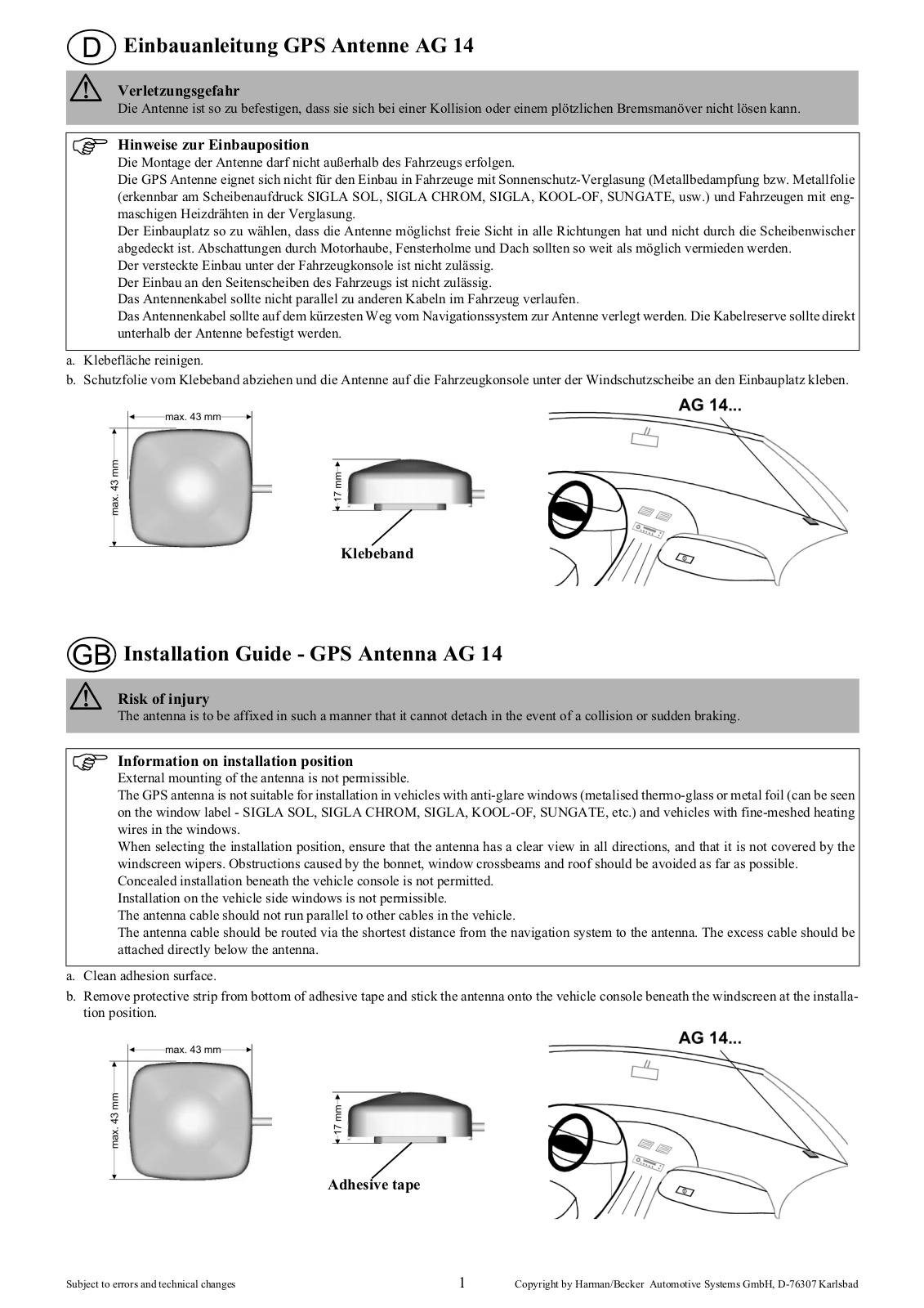 BECKER GPS ANTENNA AG 14 User Manual