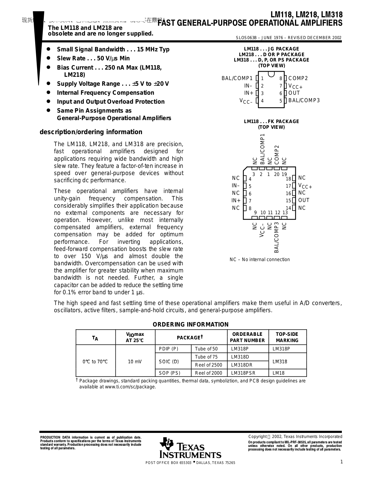 TEXAS INSTRUMENTS LM118, LM218, LM318 Technical data