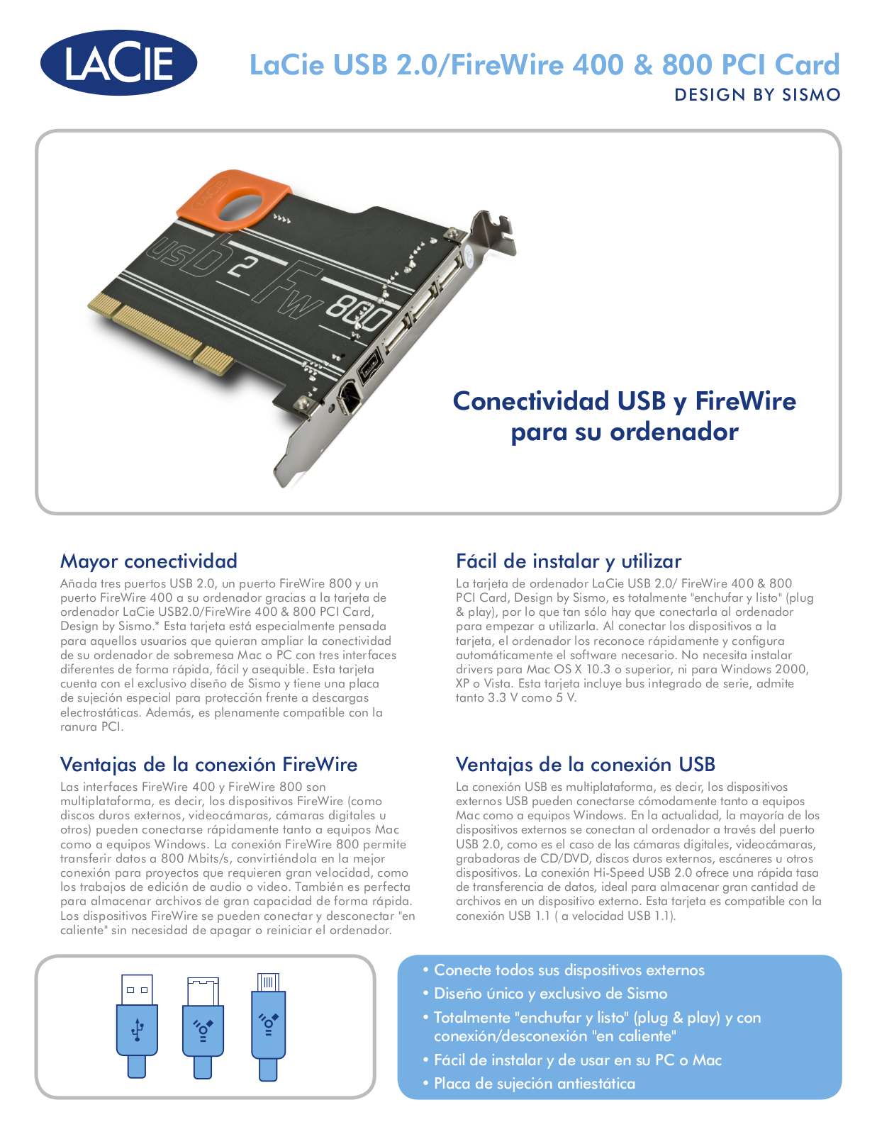 Lacie FIREWIRE 400 USB 2.0 PCI CARD, 800 USB 2.0 PCI CARD DATASHEET