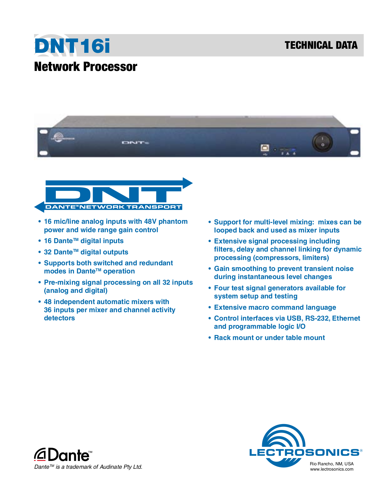 Lectrosonics DNT16i Data Sheet