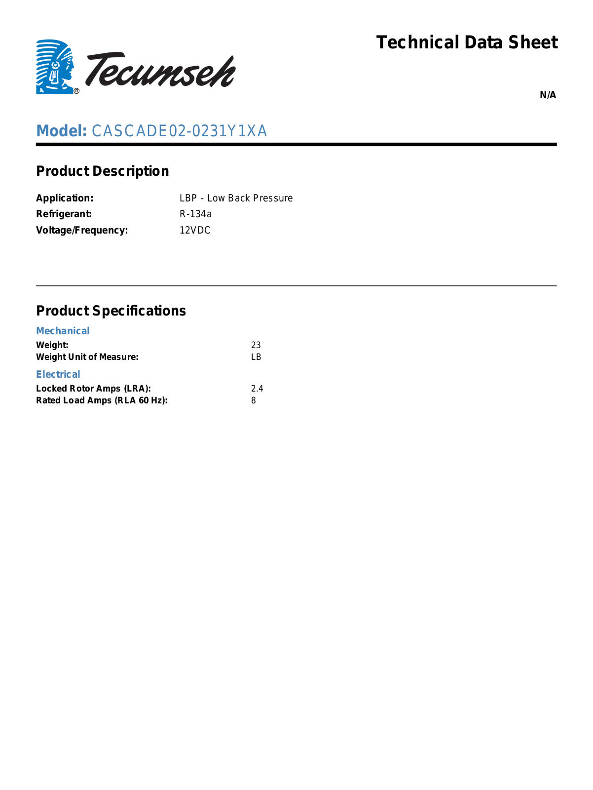 Tecumseh CASCADE02-0231Y1XA Technical Data Sheet