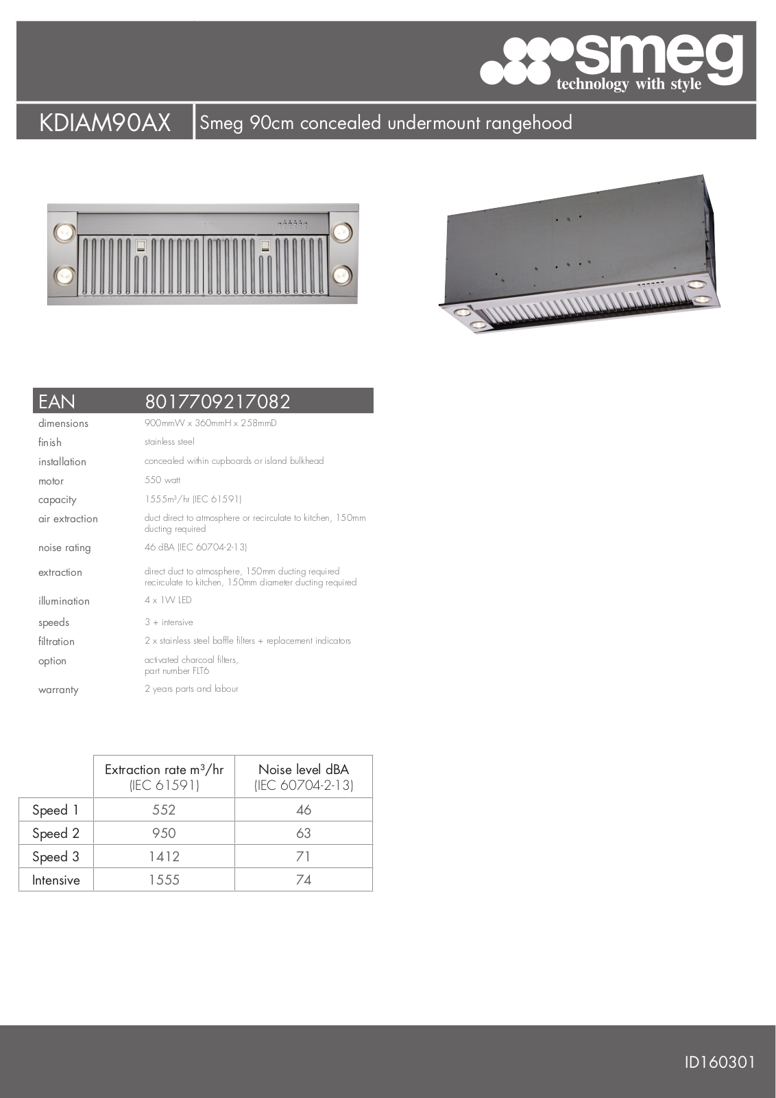 Smeg KDIAM90AX Specifications Sheet