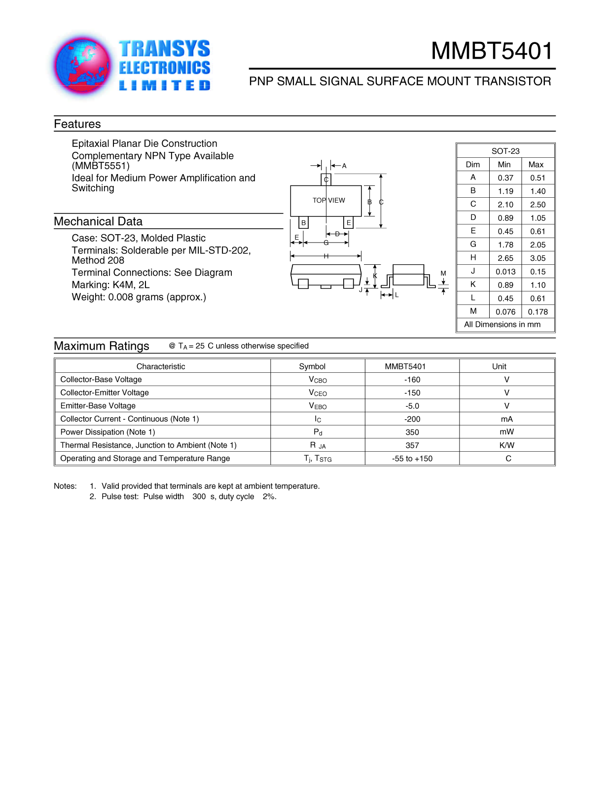 TEL MMBT5401 Datasheet