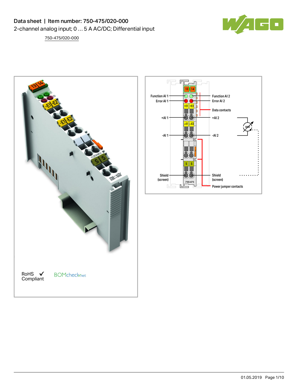 Wago 750-475/020-000 Data Sheet