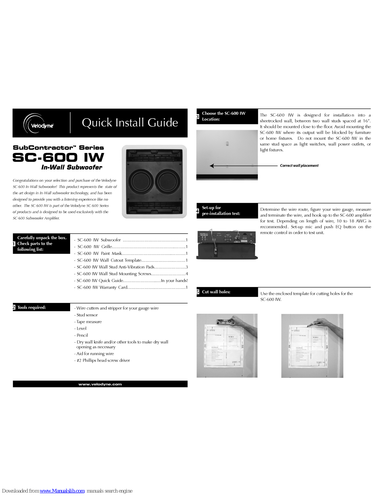 Velodyne SubContractor Series SC-600 IW, SC-600 IW - QUICK INSTALLATION REV A Quick Install Manual