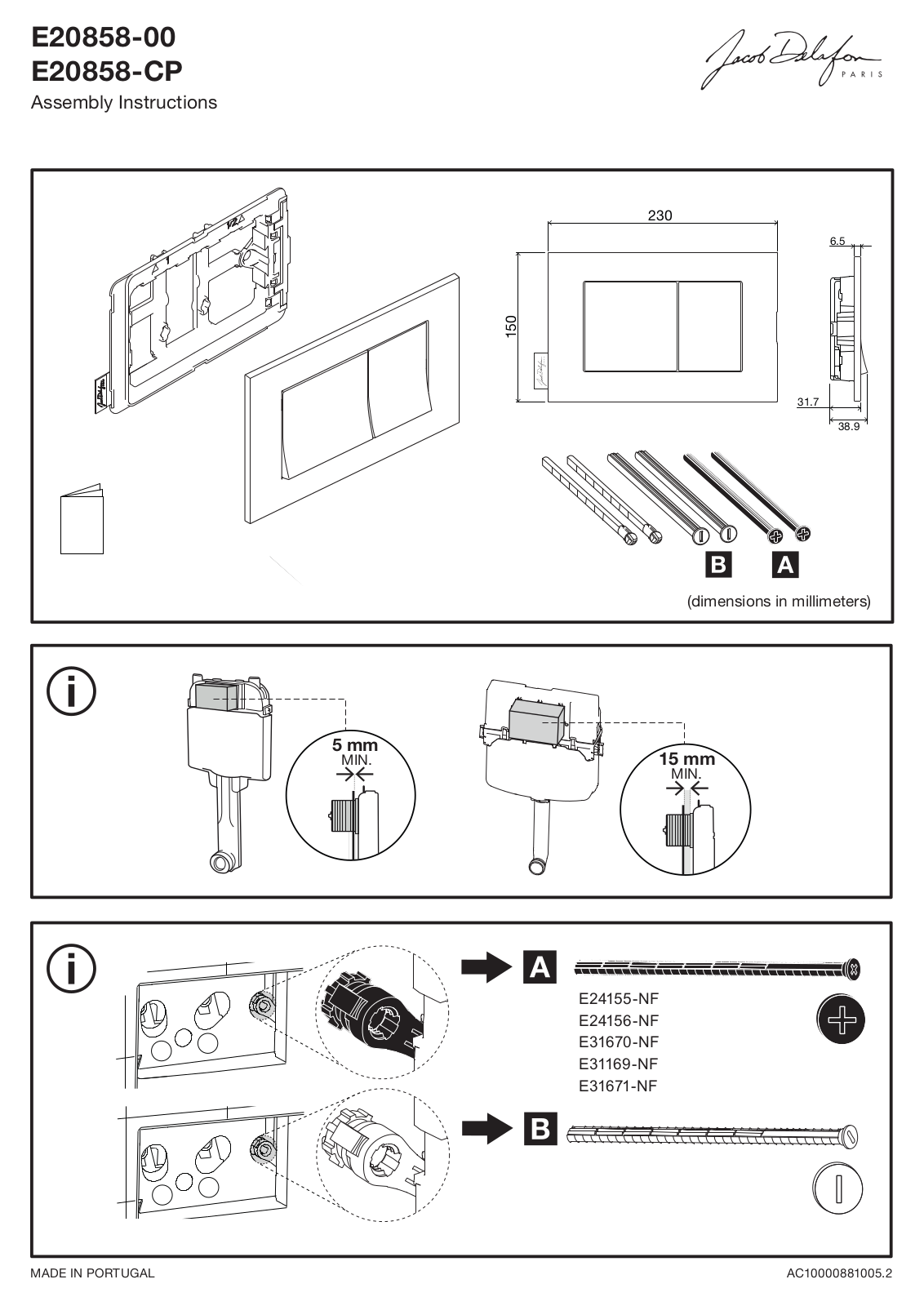 Jacob Delafon E20858-00, E20858-CP Assembly Instructions