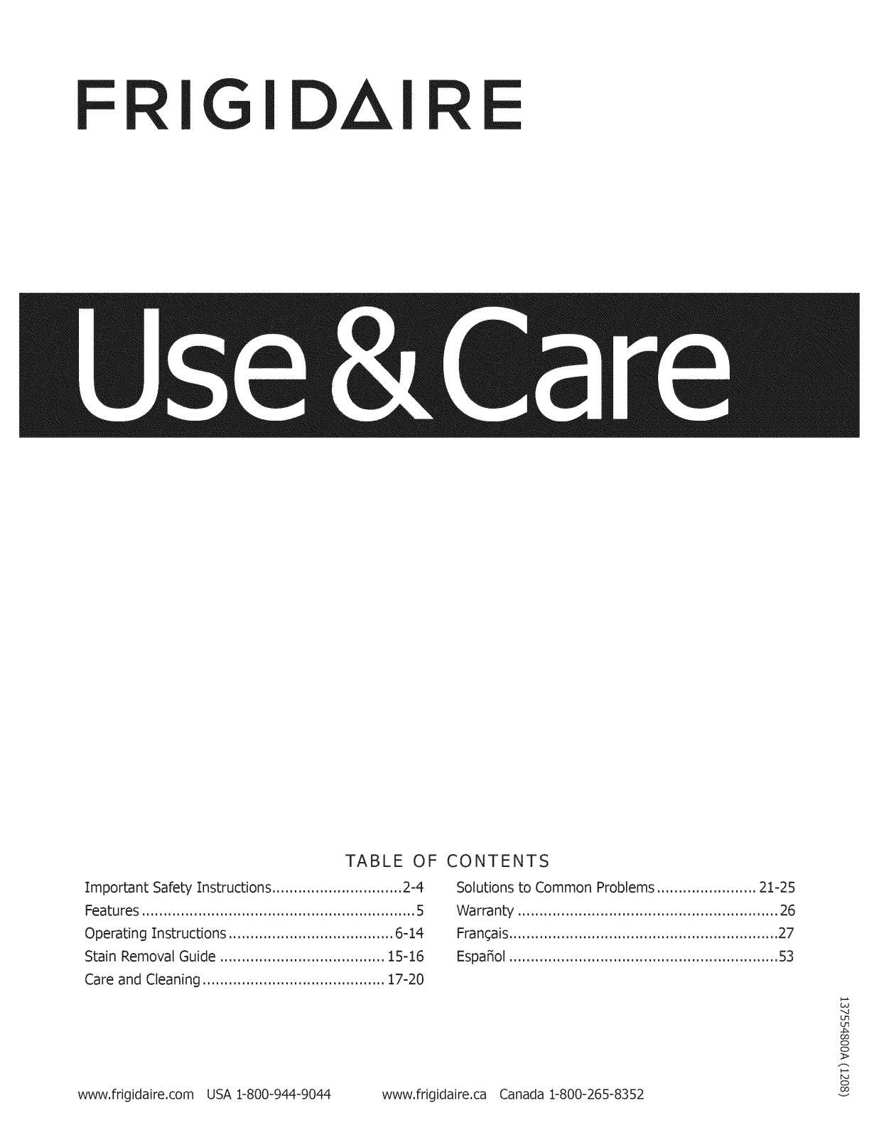 Frigidaire FAFW3001LW4, FAFW3001LW5, FAFW3001LW7, FAFW3001LW6, FAFW3001LW3 Owner’s Manual