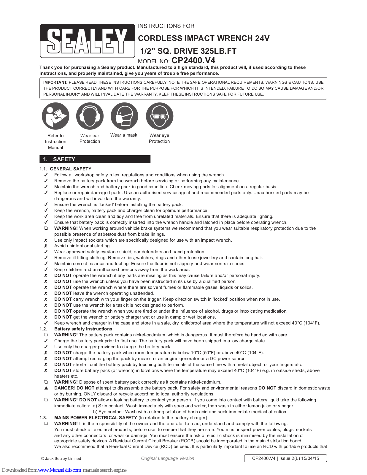 Sealey CP2400.V4 Instructions For