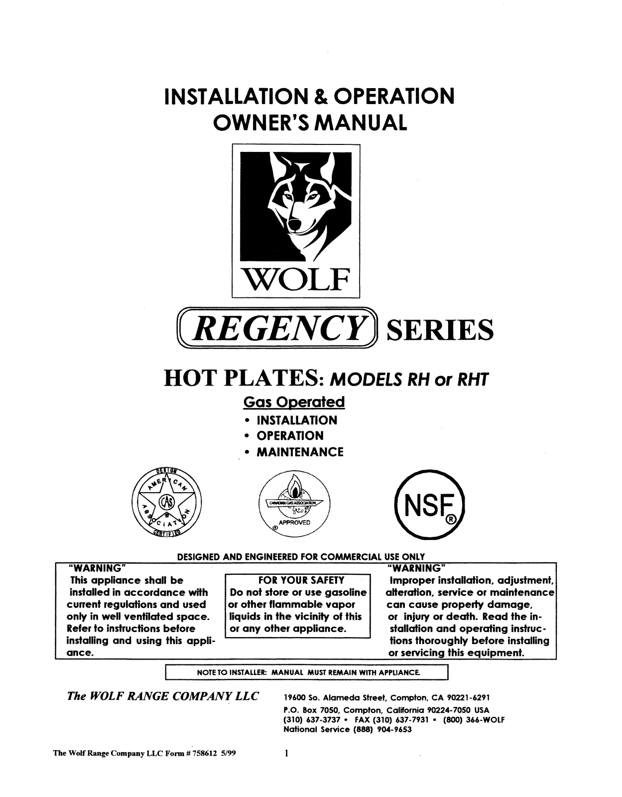 Wolf RH636E Installation  Manual