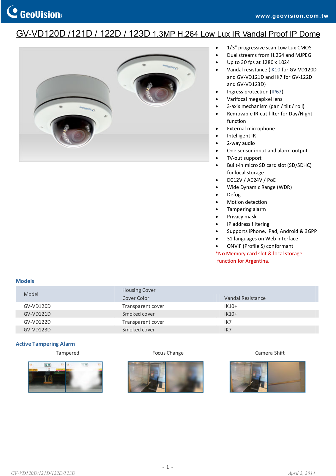 Geovision GV-VD121D, GV-VD122D, GV-VD123D Specsheet