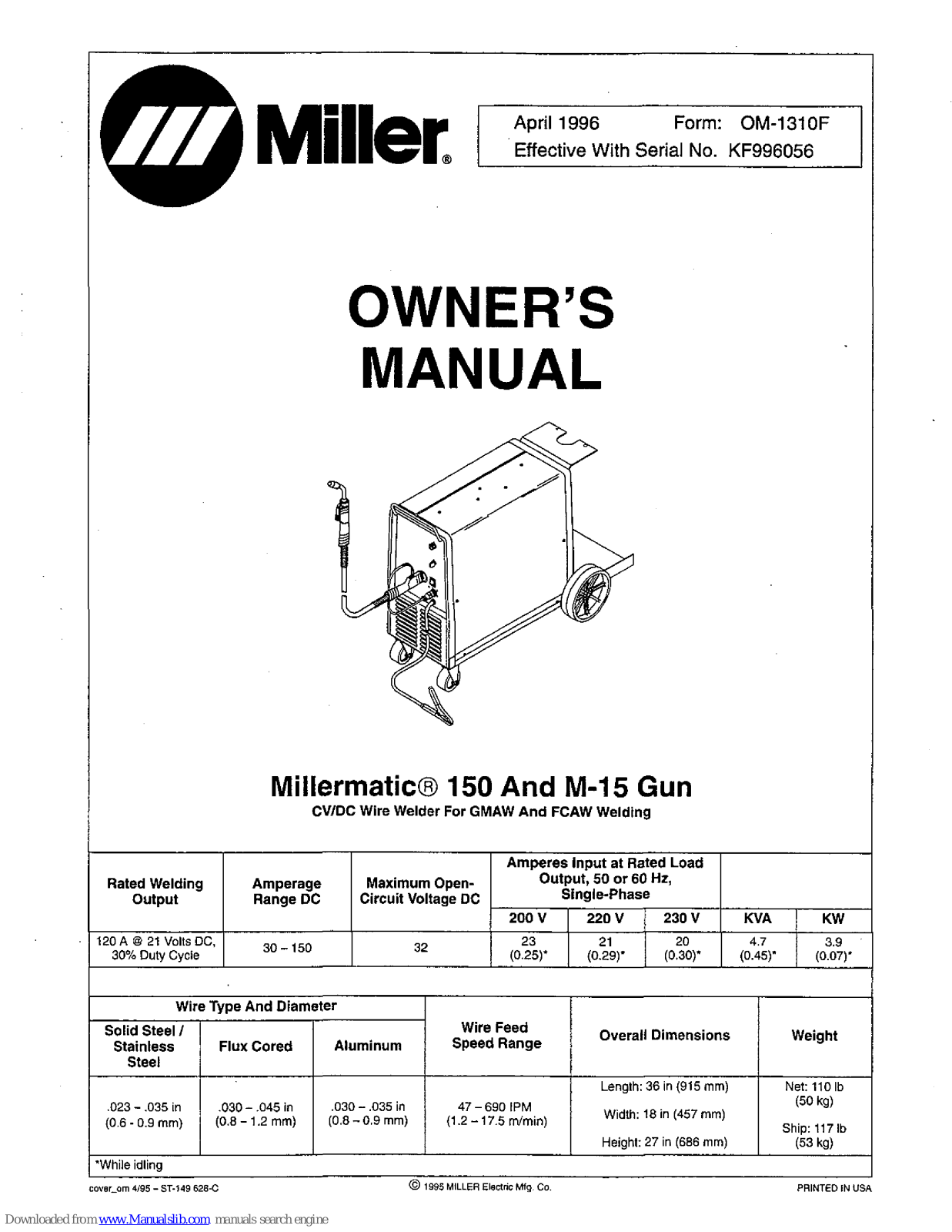 Miller Electric Millermatic 150, M-15 Gun Owner's Manual