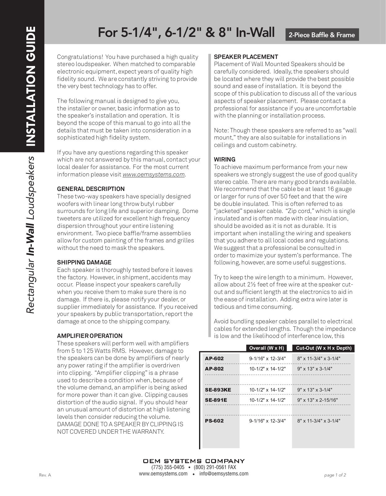 OEM Systems SE-891E, PS-602, AP-602, SE893KE, AP-802 User Manual