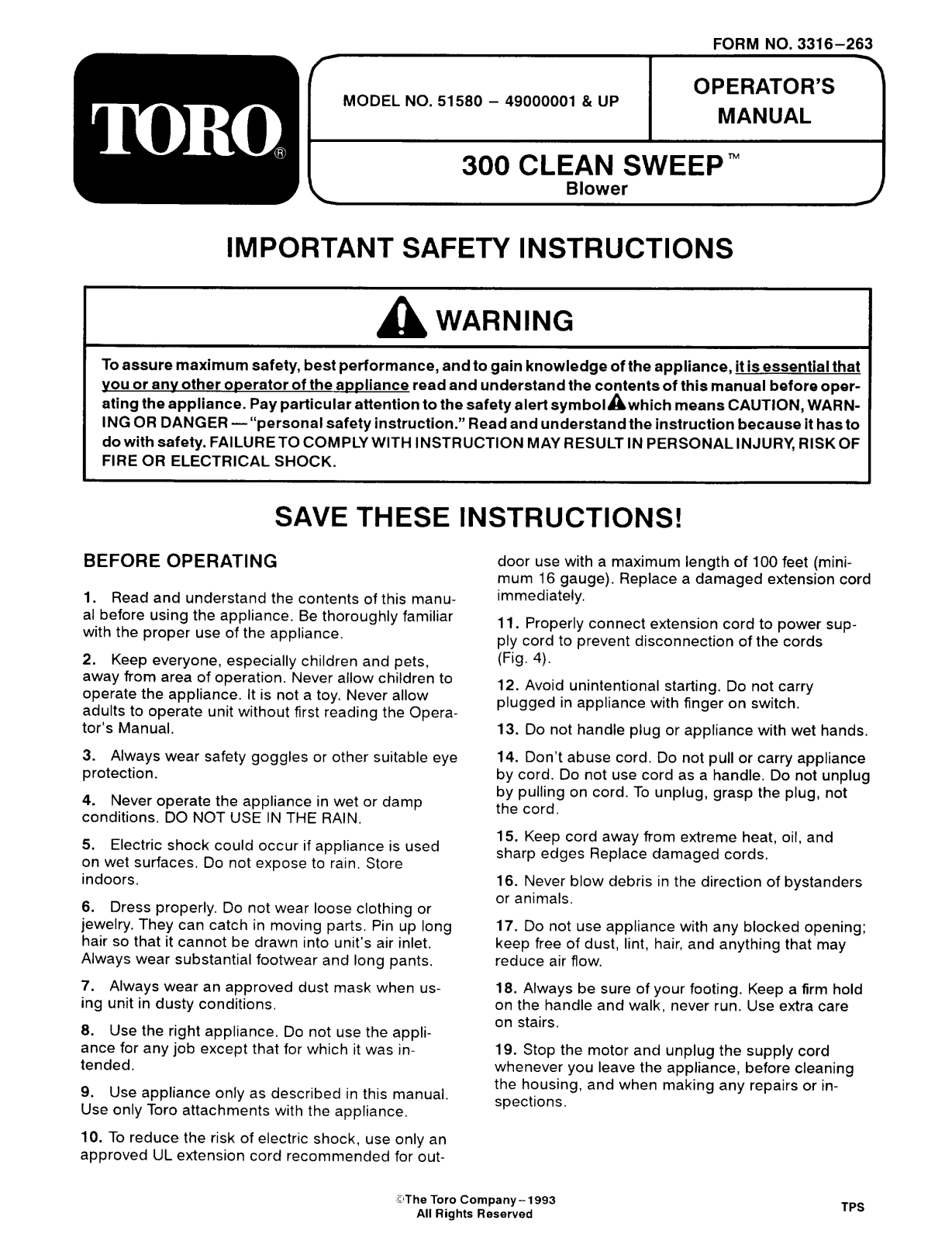 Toro 51580 Operator's Manual