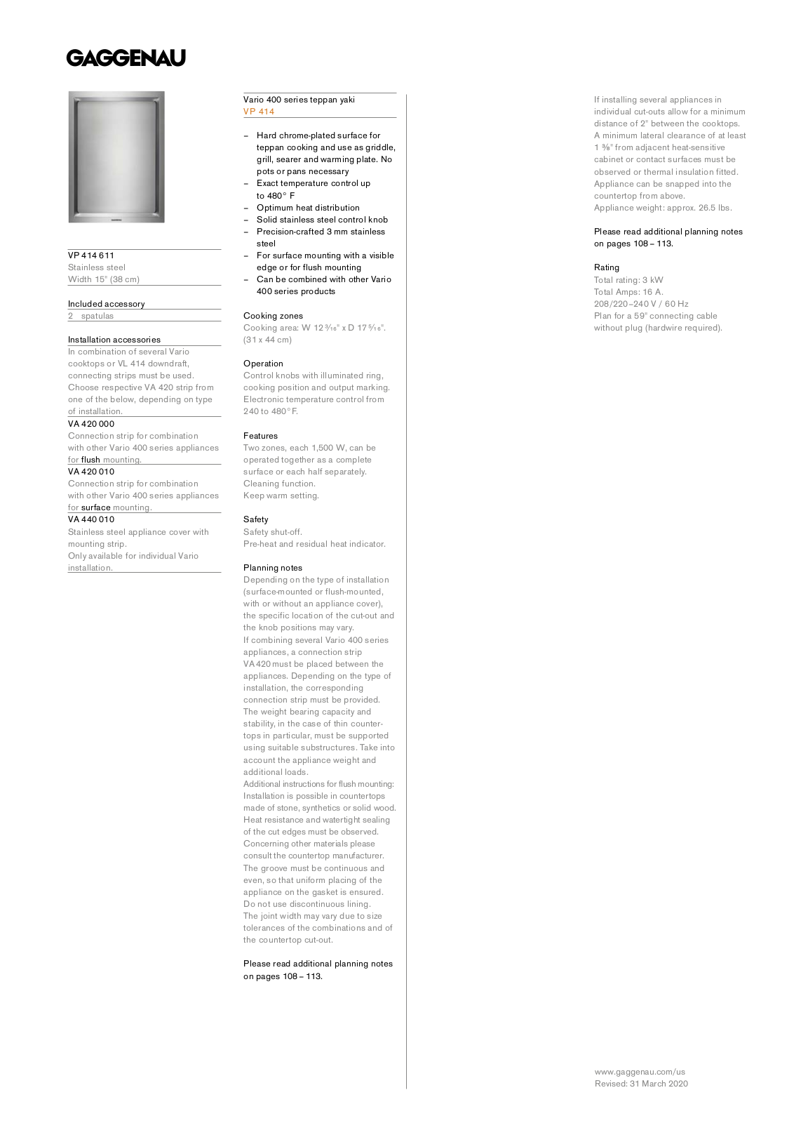 Gaggenau VP414611 PRODUCT SPECIFICATIONS