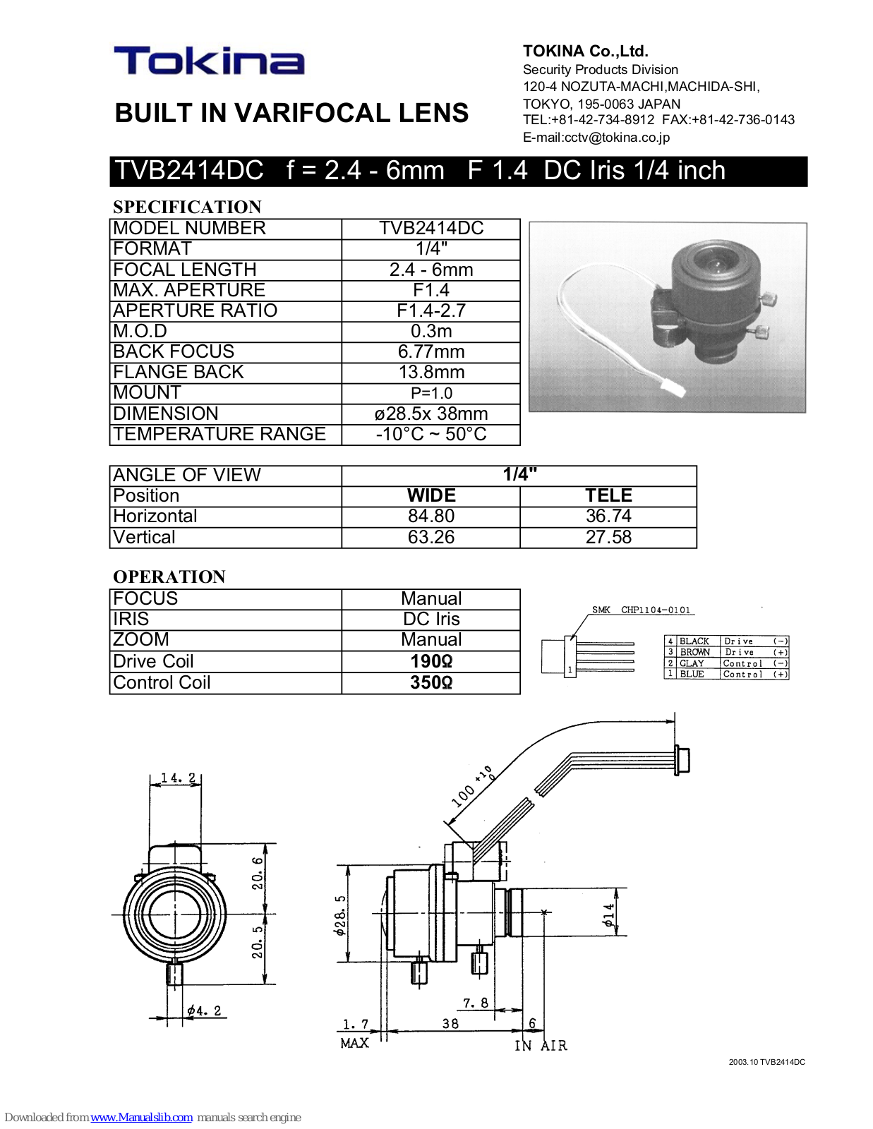 Tokina BUILT IN VARIFOCAL LENS TVB2414DC Specification Sheet