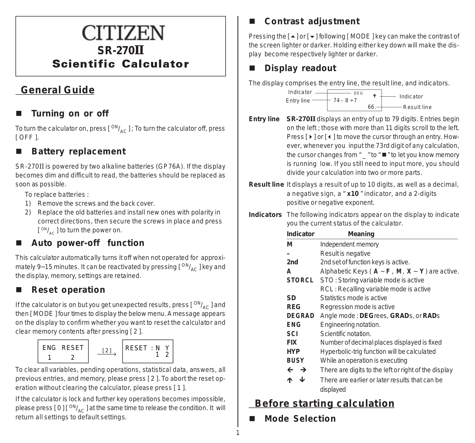Citizen SR-270II User Manual