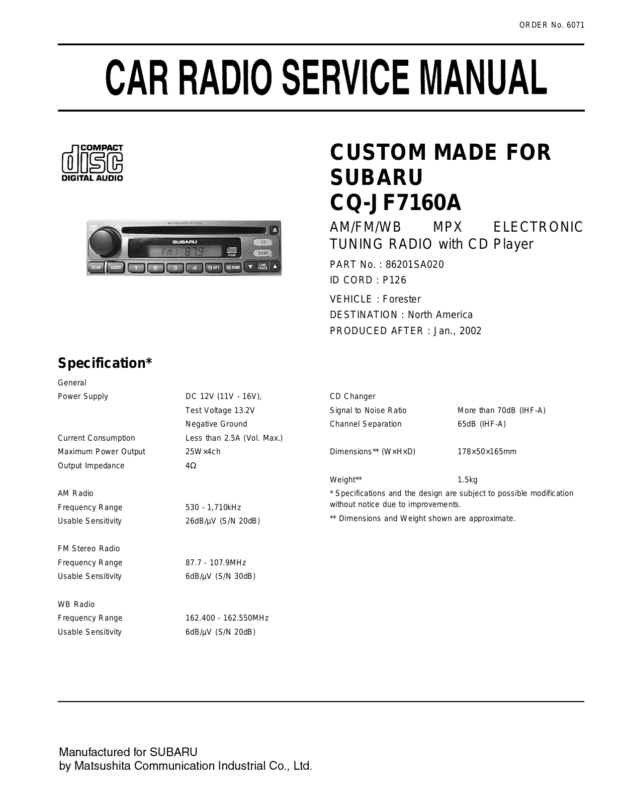 Panasonic CQJF-7160-A Service manual