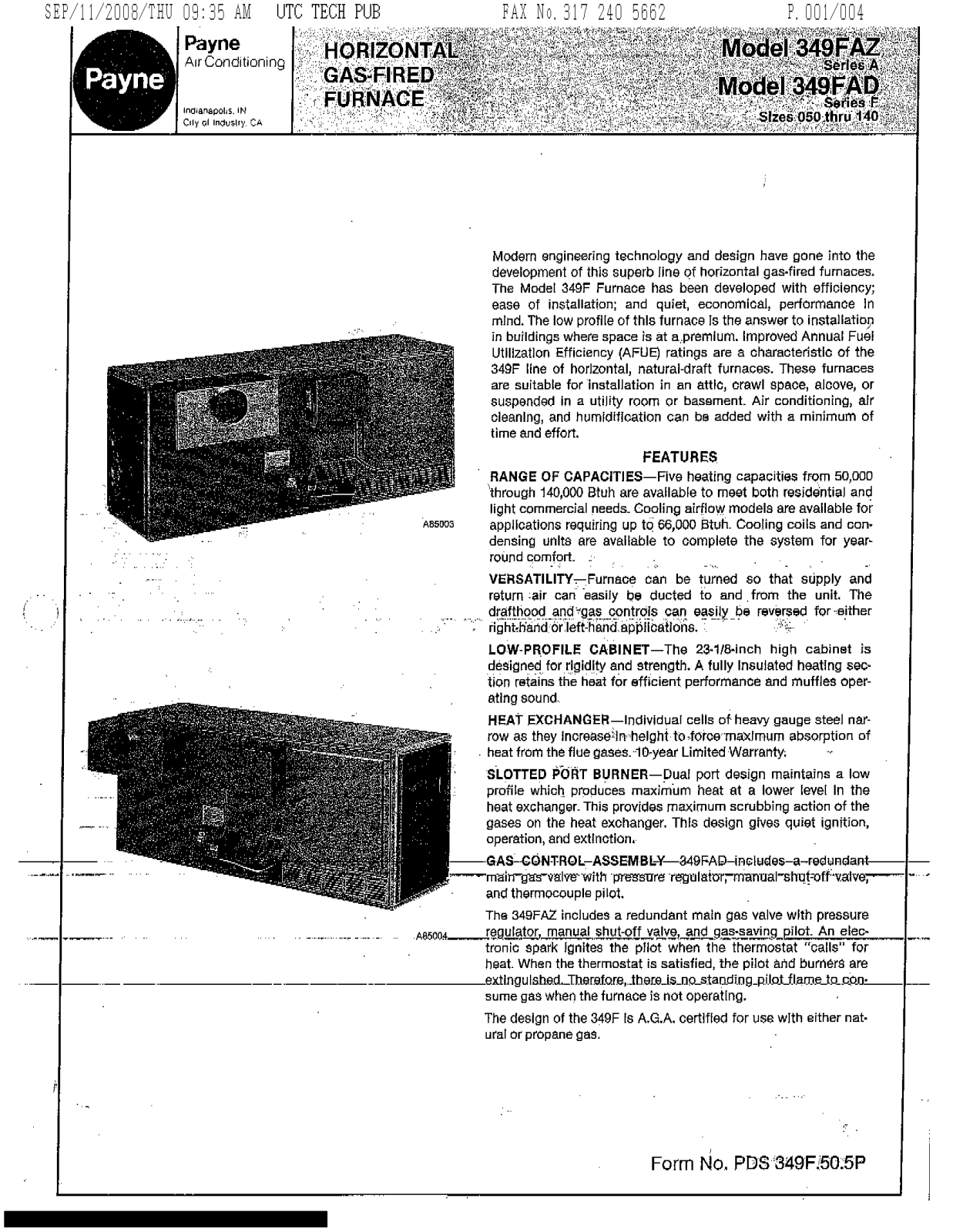 Payne 349FAZ Quick Manual