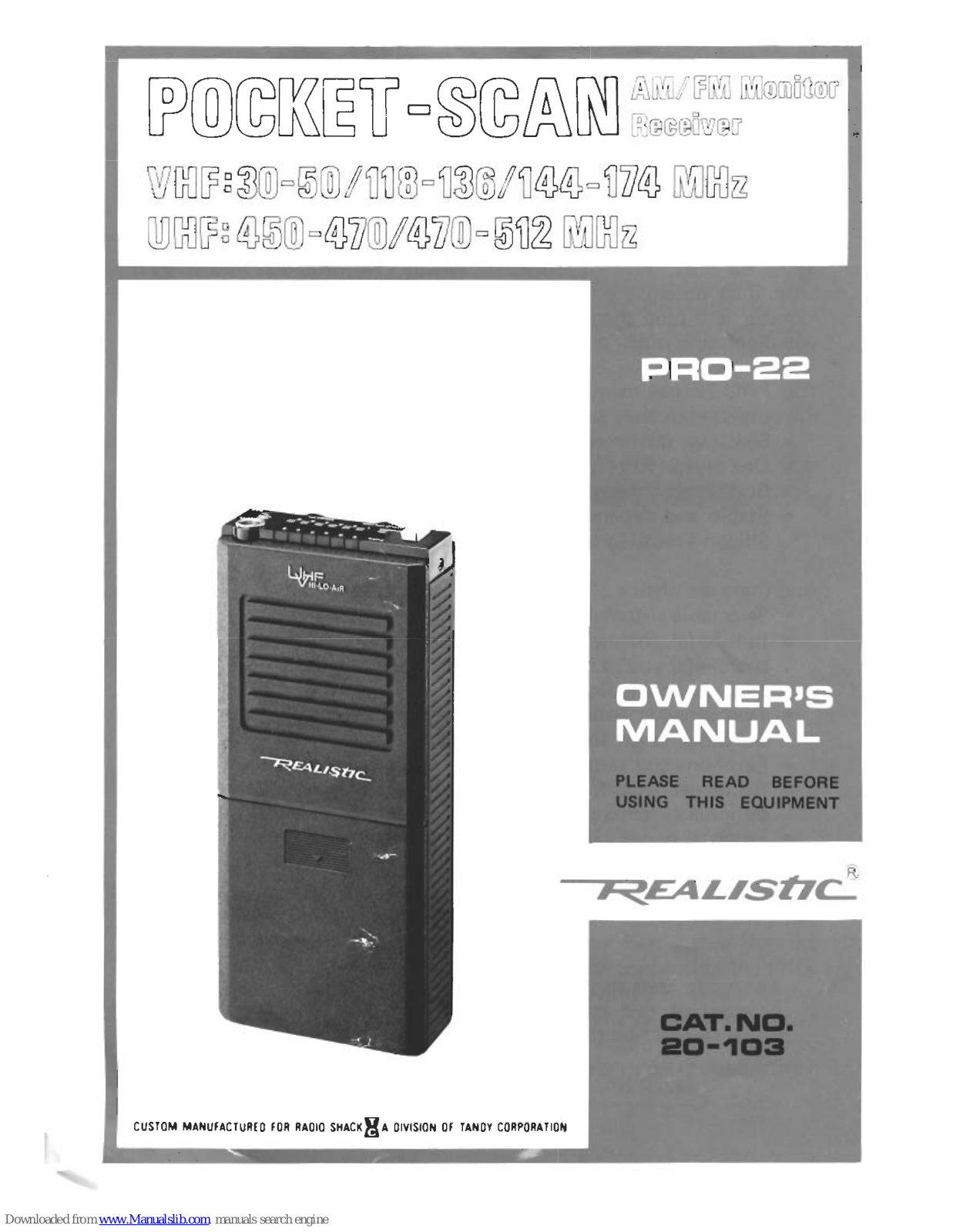 Realistic Pocket-Scan Pro-22 Owner's Manual