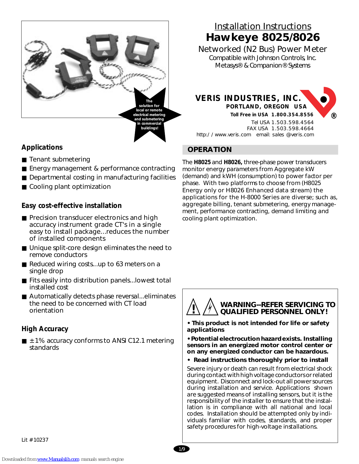 VERIS INDUSTRIES, INC. Hawkeye 8025, Hawkeye 8026 Installation Instructions Manual