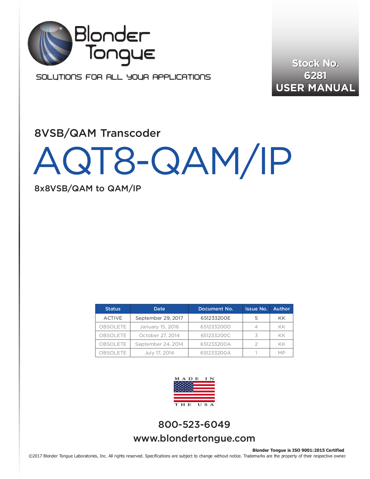 Blonder-Tongue AQT8-QAM/IP Users Manual