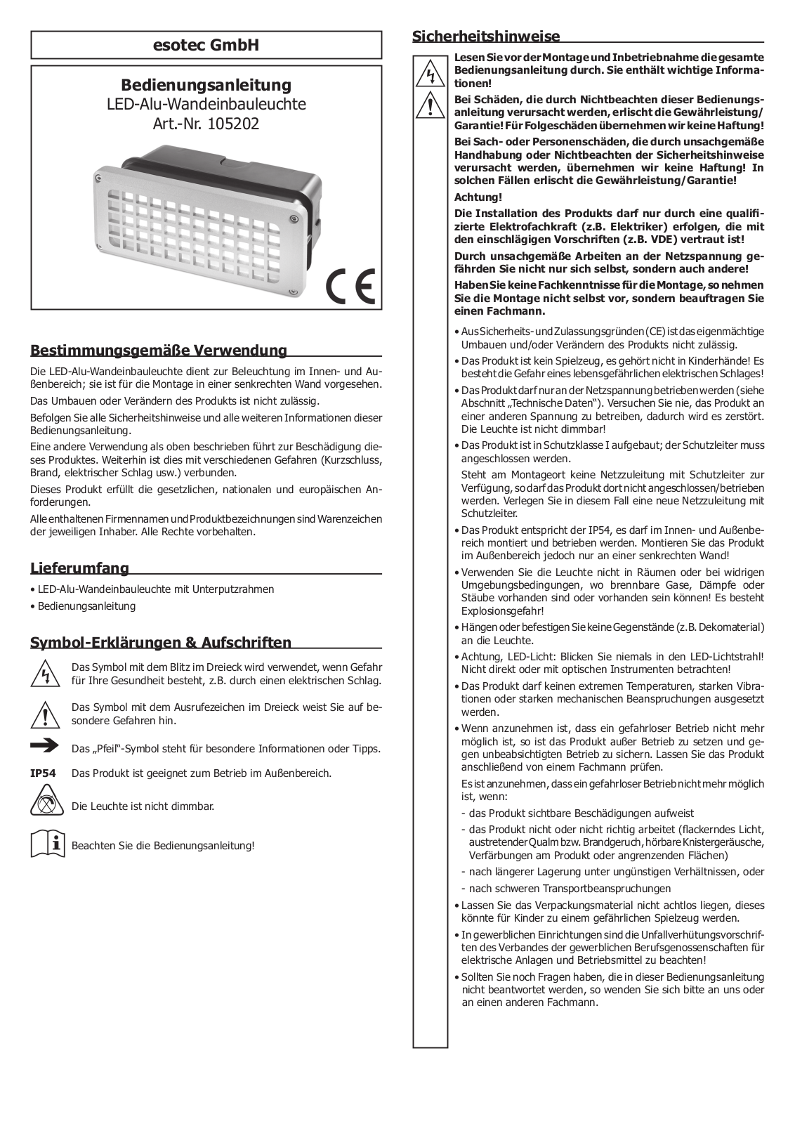 Esotec 105202 Operating Manual