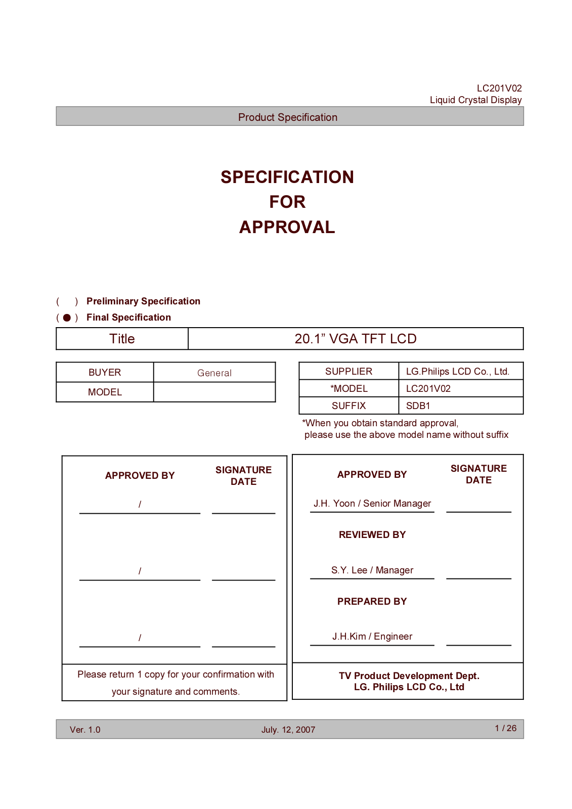 LG.Philips LCD LC201V02-SDB1 Specification