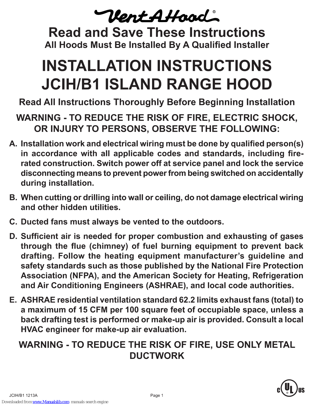 VentAHood JCIH/B1 Island Installation Instructions Manual