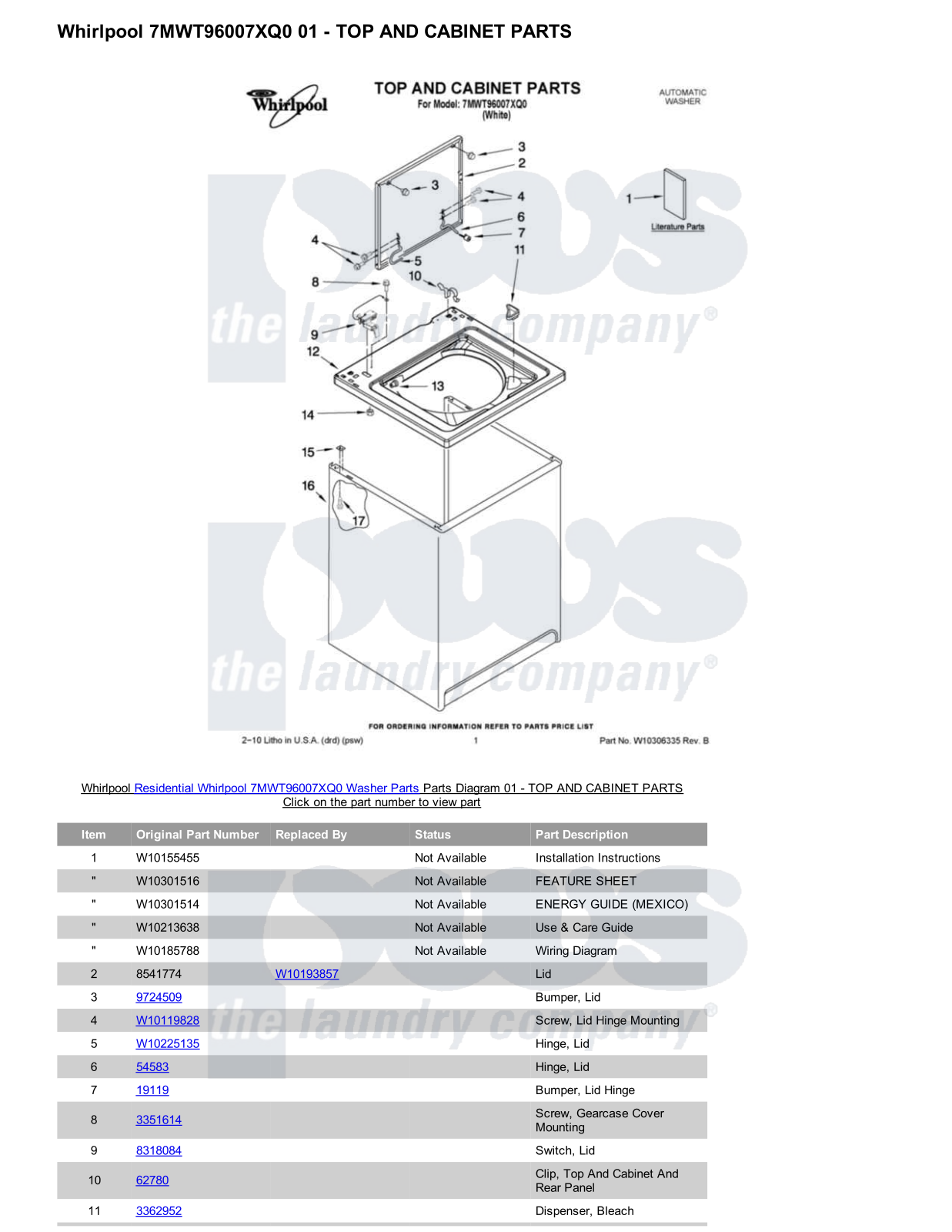 Whirlpool 7MWT96007XQ0 Parts Diagram