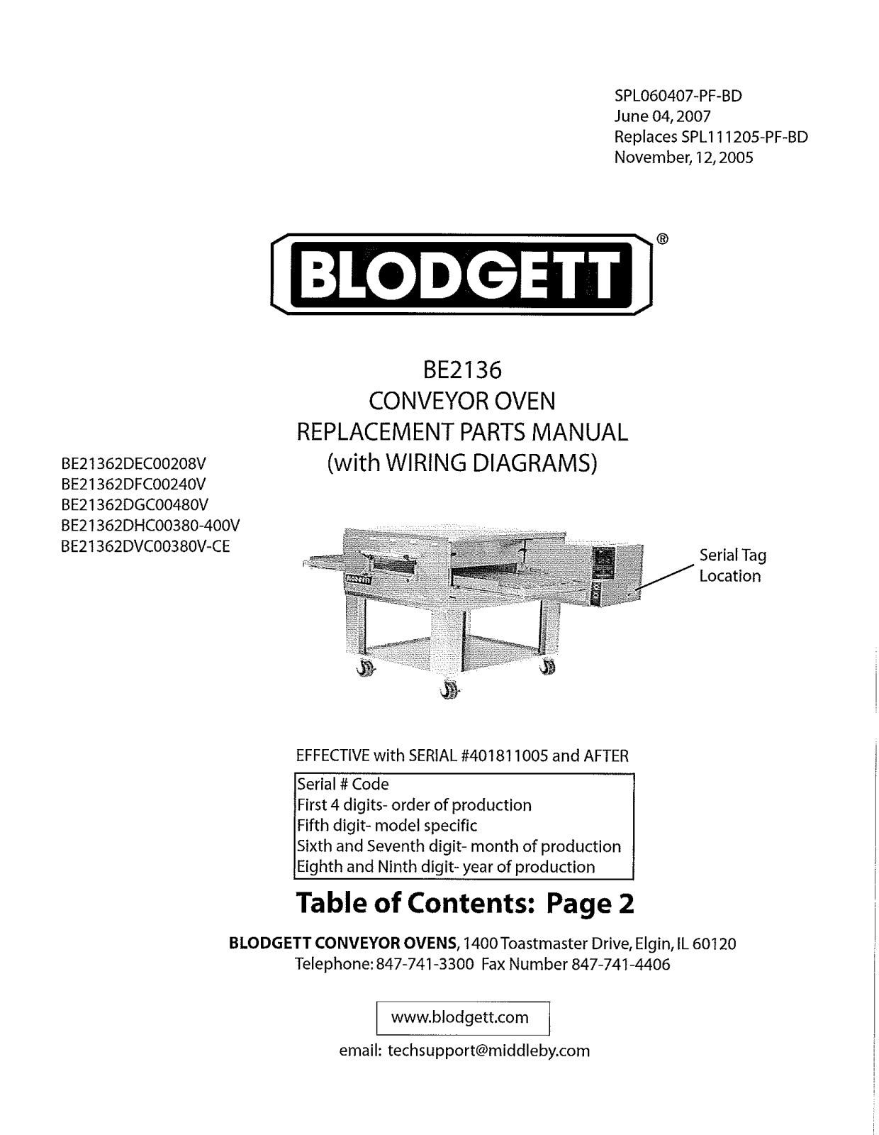 Blodgett BE2136 Parts List