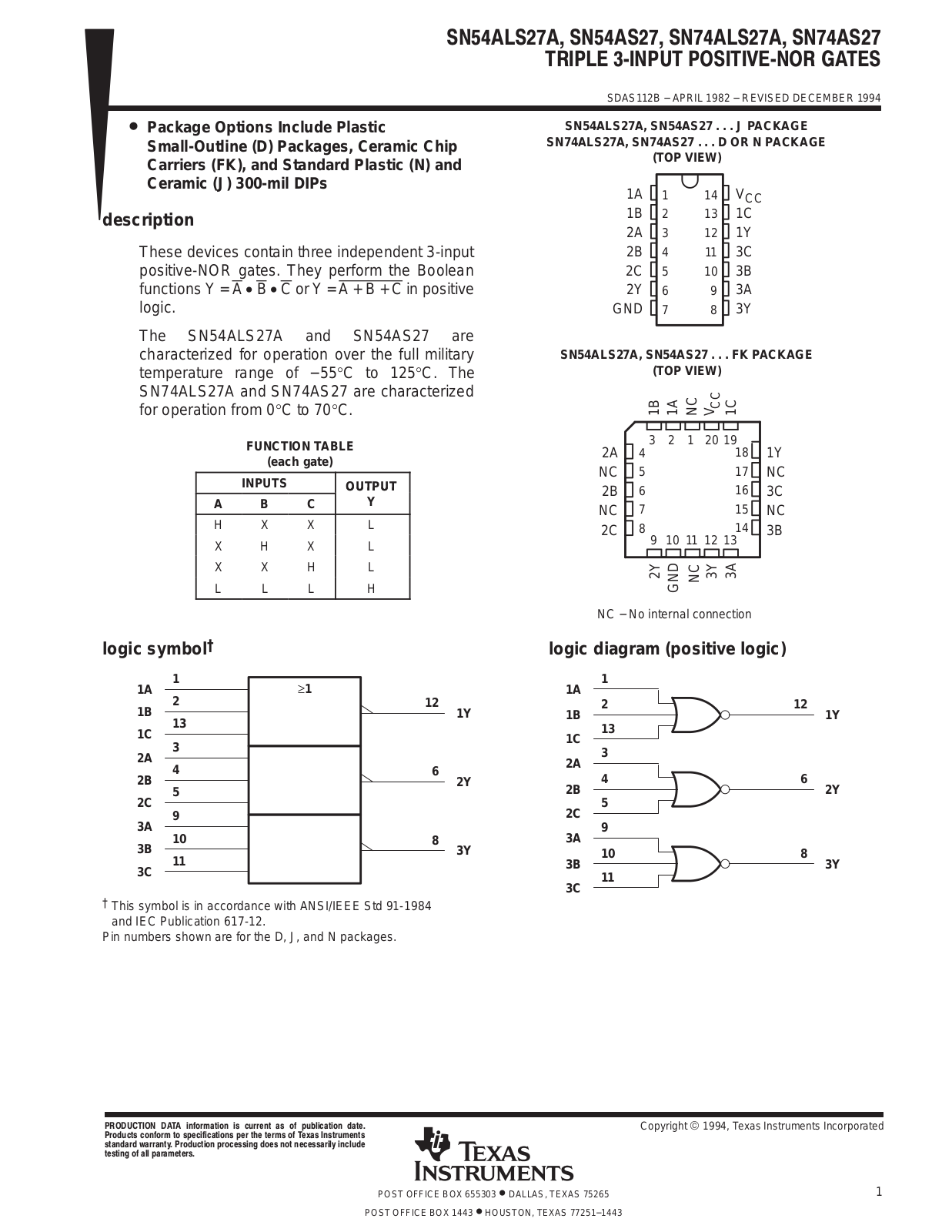 TEXAS INSTRUMENTS SN54ALS27A, SN54AS27, SN74ALS27A, SN74AS27 Technical data