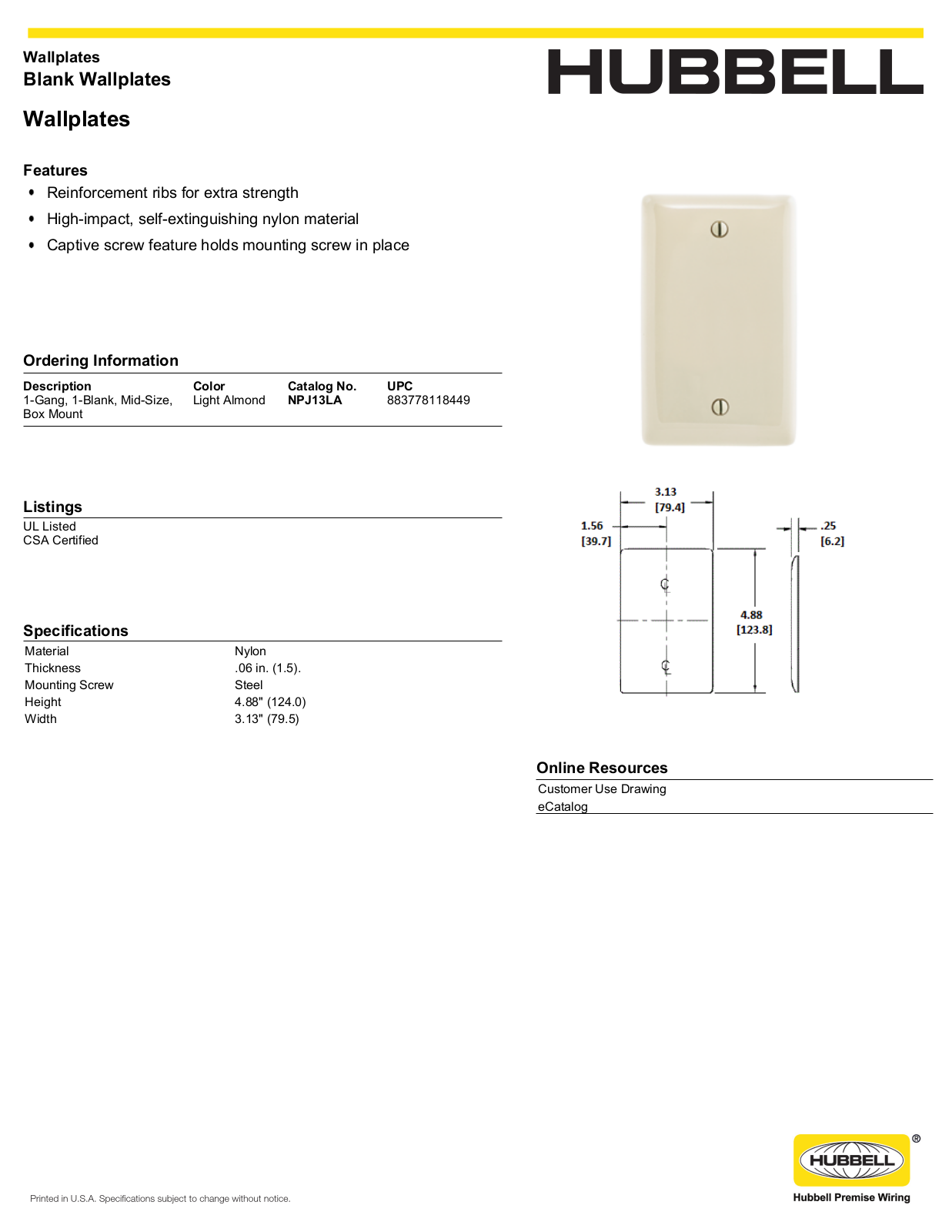 Hubbell NPJ13LA Specifications