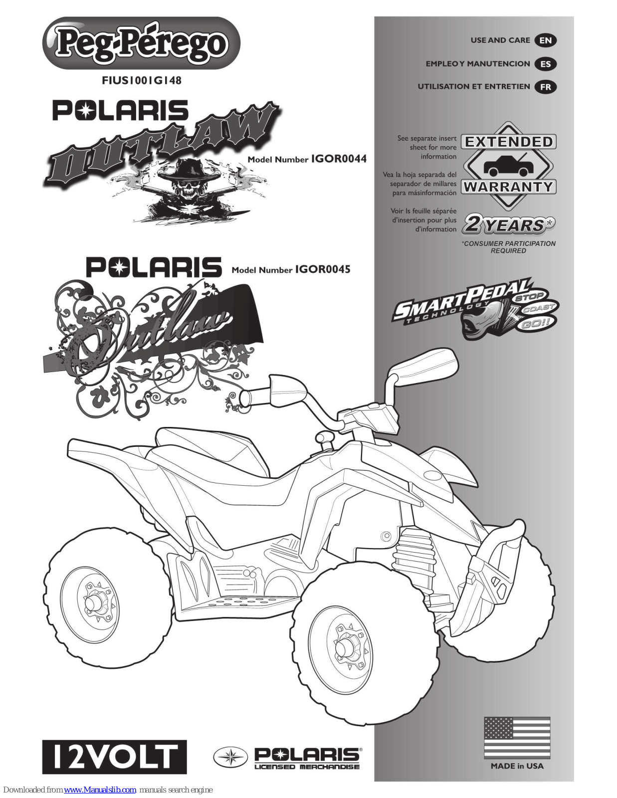 Peg-Perego Polaris Outlaw IGOR0044, Polaris Outlaw IGOR0045, IGOR0044, IGOR0045 Use & Care Manual