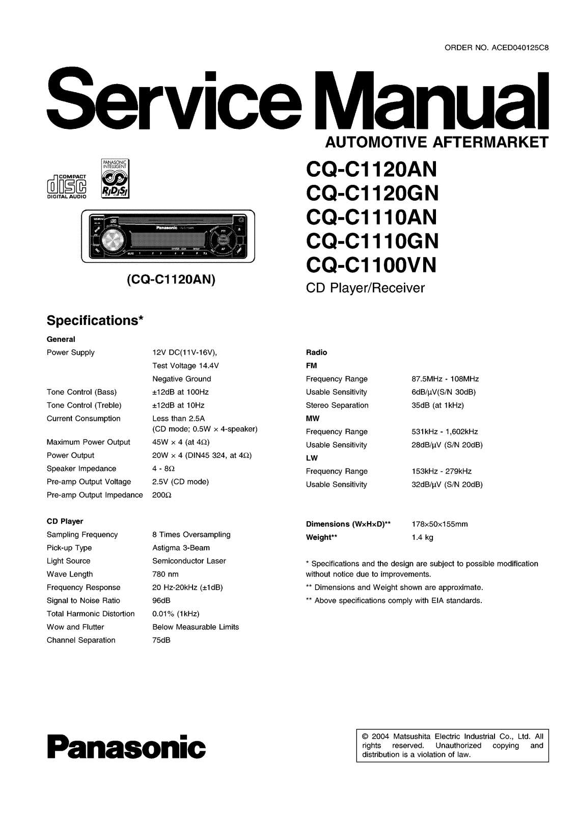 Panasonic CQ-C1110, CQ-C1100 Service manual