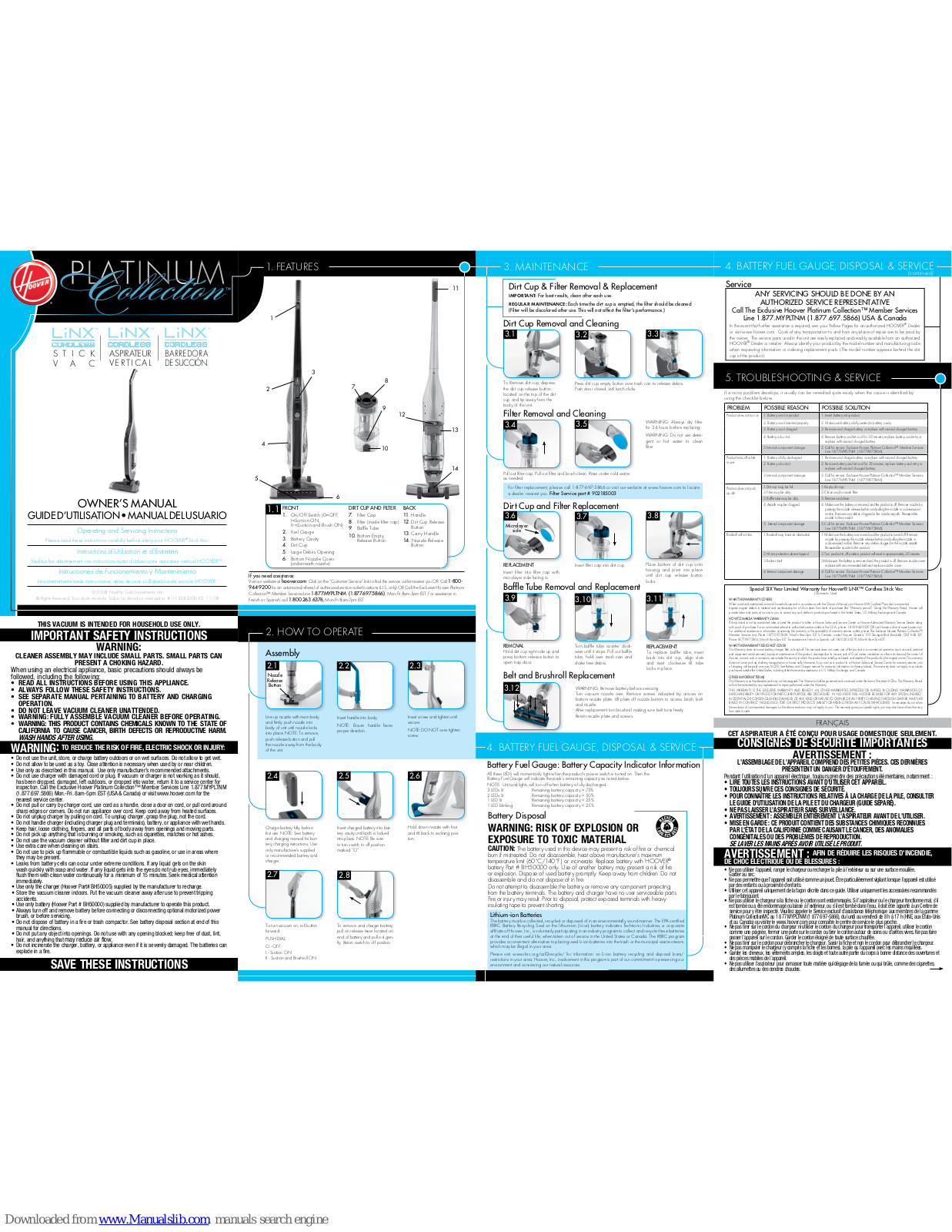 Hoover PLATINUM Cordless Stick Vac, PLATINUM LiNX Owner's Manual