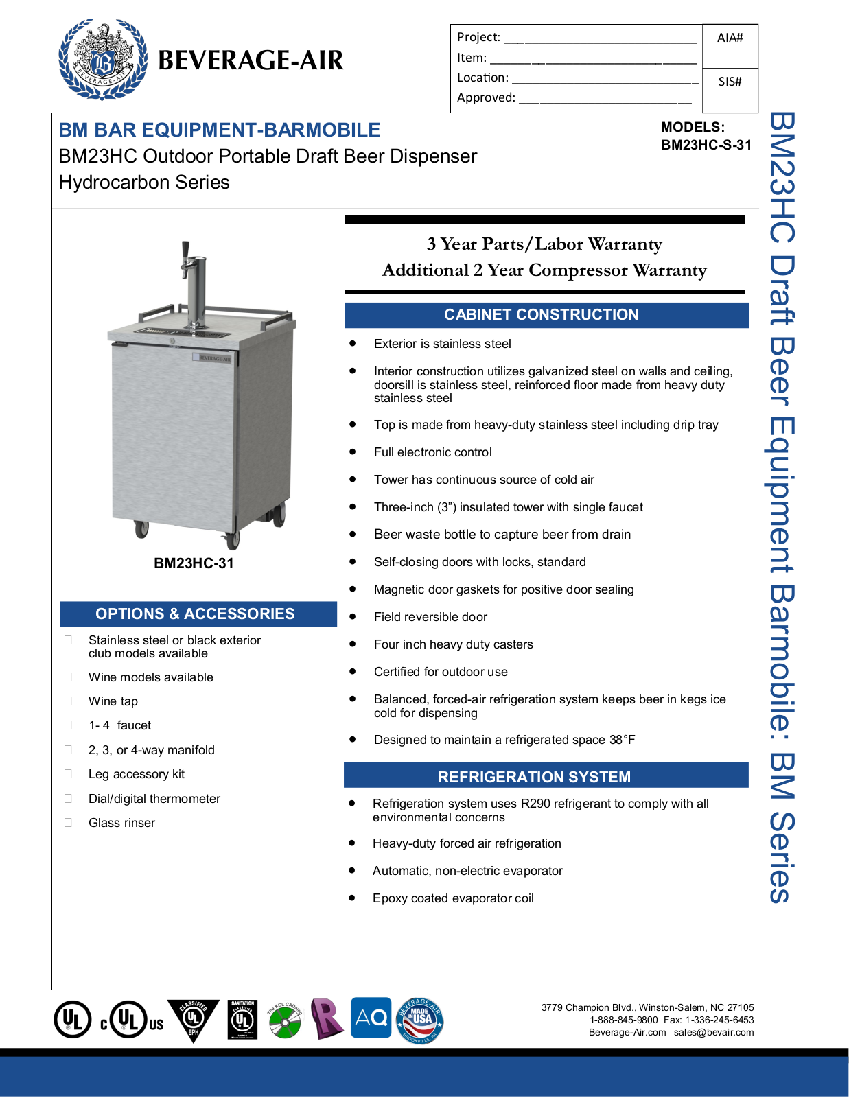 Beverage-Air BM23HCS31 Specifications