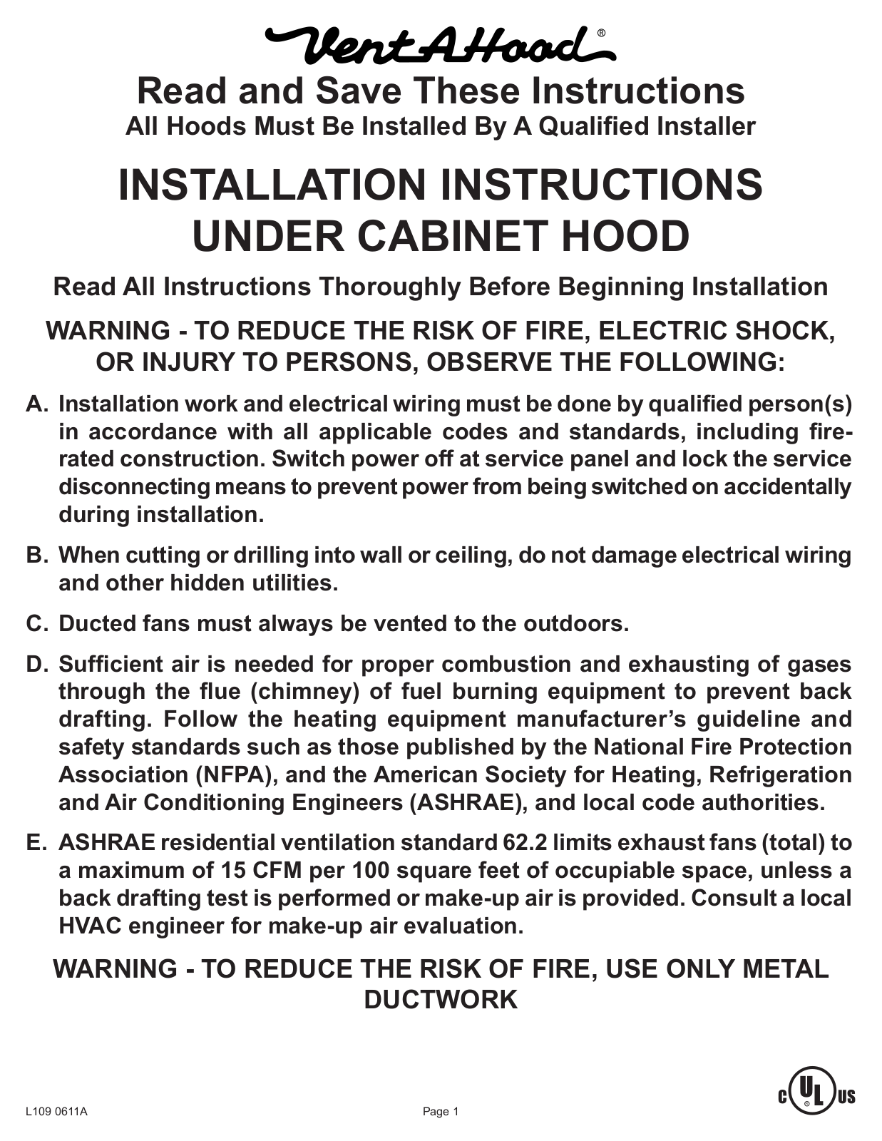 Vent-a-Hood B100 Single Installation Instructions Manual