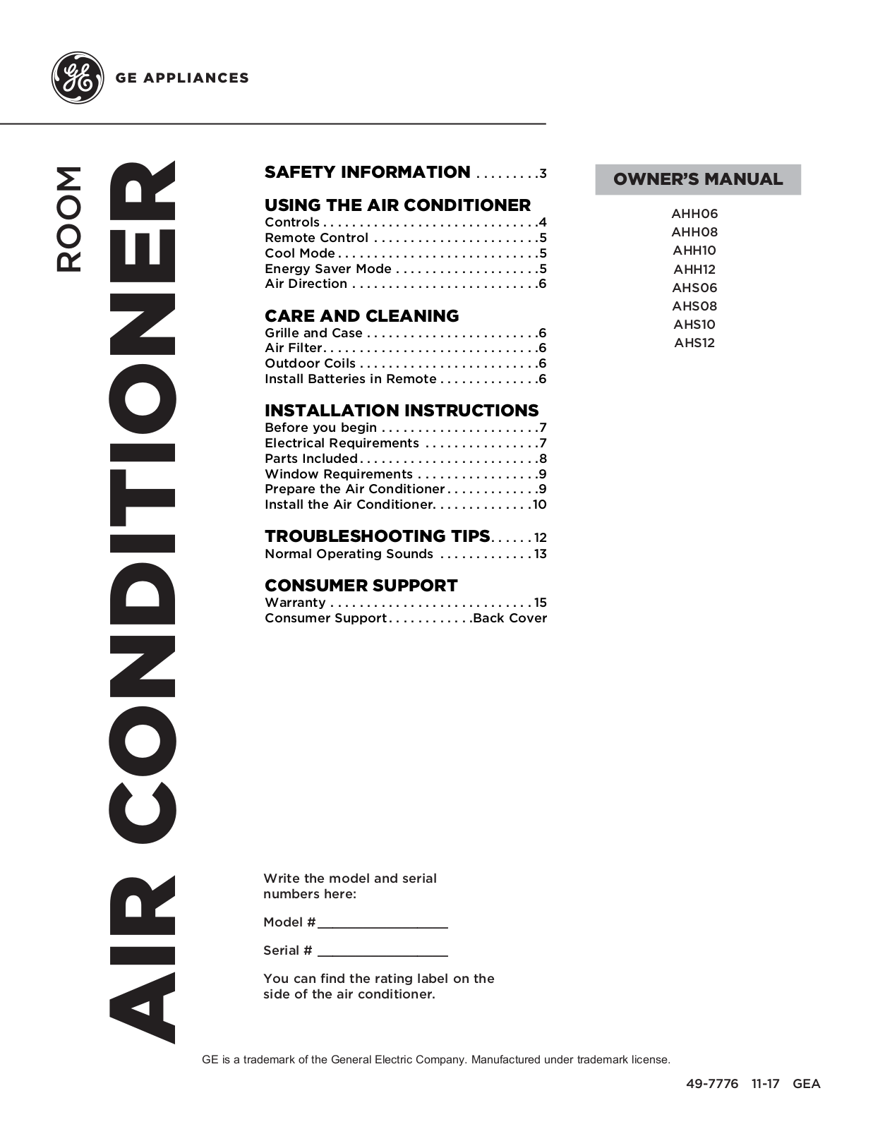 GE AHS12AXW1, AHS10AXQ1, AHS08LXW1, AHS06LXW1 Owner’s Manual