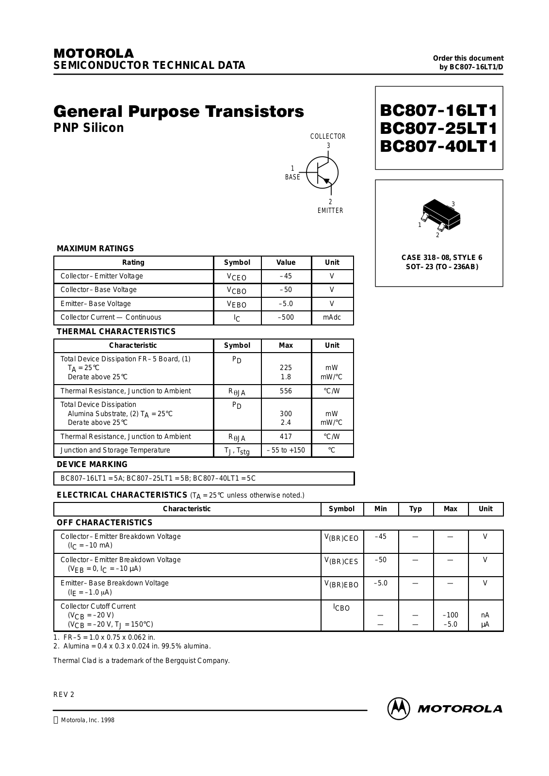 ON Semiconductor BC807-40LT3, BC807-40LT1, BC807-16LT3, BC807-16LT1, BC807-25LT3 Datasheet