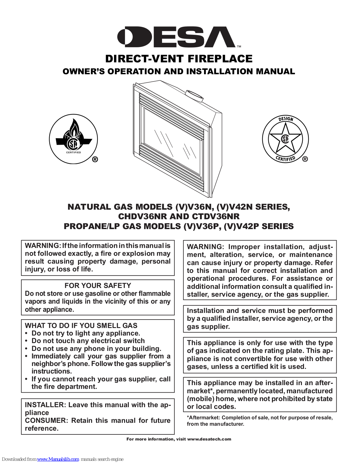 Desa V36N, V42N, V36P, VV36N, VV42N Owner's Operation And Installation Manual