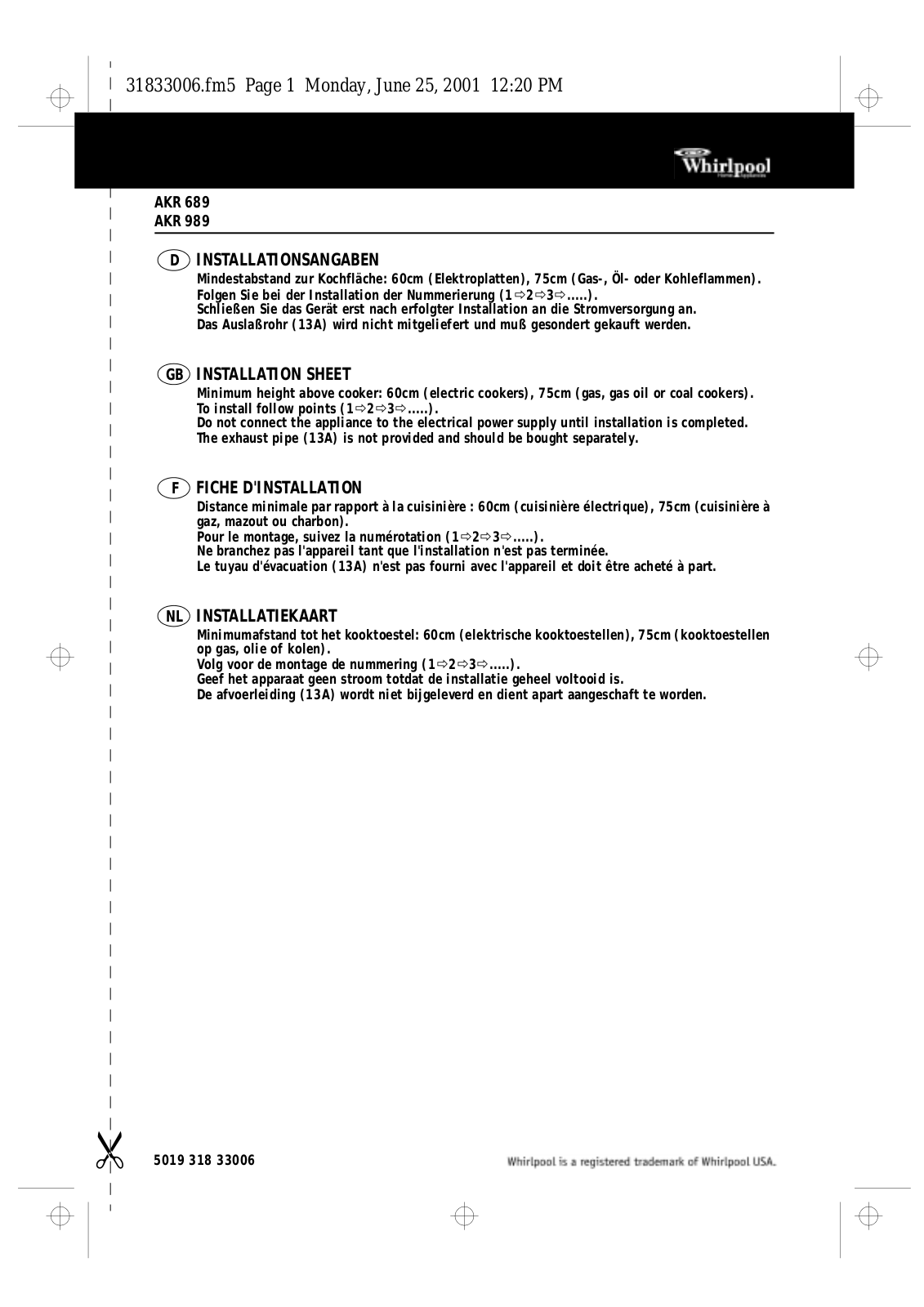 Whirlpool AKR 689 Programming table